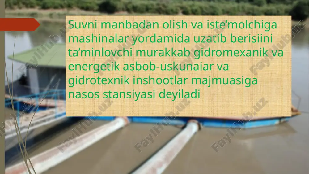 ubidan) suv qabul qilgich kirish qismida o’rnatilgan panjara orqali amalga oshiriladi. bunday gidrouzellar daryoningn tog’li uchastkalarida qo’llaniladi. tog’ daryolari o’ziga xos gidrogeologik xususiyatlarga ega. bular qatoriga qo’yidagilarni kiritish mumkin: 1) toshqinlarning tez kelishi va qisqa davomiyligi; 2) suv oqimi tezligini katta bo’lishi, ba’zi bir hollarda 3…4 m/s dan ortiq bo’lishi; 3) toshqin davrida oqimda muallaq va tub cho’kindilarning ko’p bo’lishi, ba’zida ularning kattaliklari 0,5 m dan yirik bo’lishi; 4) ba’zi bir daryolarda loy-tosh aralashmali oqimlarning paydo bo’lishi; 5) suv yuzasining butunlay muzlamasligi va muz parchalarining hosil bo’lishi, tez oqimlarni va yoyilib oqadigan sayyoz joylarni hosil bo’lishga imkon yaratadi. to’g’onning suv oluvchi panjara qismini joylashtirish sxemasi: a-bir tomonga suv uzatishda hamma suv tashlash fronti bo’yicha; b)bir tomonga suv uzatishda suv tashlash frontining o’rtasida; v-bir tomonga suv olishda yon devorga (qirg’oqqa) tutashgan; g-ikki tomonga suv uzatishda hamma suv tashlash fronti bo’yicha; d-ikki tomonga suv tashlash frontining o’rtasida; e-ikki tomonga suv uzatishda yon …