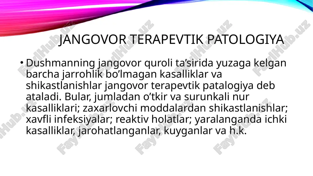 alar mavjud. malakali va ayniqsa maxsus terapevtik yordam ko’rsatish uchun maxsus tashkil qilingan harbiy dala terapevtik gospitallardir (hdtg). bu gospitallar oddiy hollarda gospital baza tarkibida ishlaydi, ammo zarur bo’lganda ular ommaviy shikastlanish rayonlari (o’choqlari) maydoniga yaqin joylashtiriladi. ularda kompleks dori-darmonli davolash o’tkaziladi, zarur bo’lganda qayta jonlantirish tadbirlari o’tkaziladi. qonni almashtiruvchilar, oqsil gidrolizatlari transfuziya qilinadi, davolovchi gimnastika usullaridan foydalaniladi. ixtisoslashgan(maxsus) shifokor yordami ushbu yordam ixtisoslashgan shifokor yordami tomonidan frontning gospital bazalarida (fgb) amalga oshiriladi. joylashuvi urush maydonidan 1000 km uzoqlikda bu yerda birinchi navbatda yengil yaradorlarga yordam ko’rsatiladi: antidotlarni qayta yuborish, propronalol (zaxarlanishlarda), simptomatik dorilarni yuborish, ko‘rsatmaga binoan shoshilinch yordam ko‘rsatish. malakali va maxsus davolash yuqumli kasalliklar bilan og’riganlarga malakali va maxsus davolash infeksion gospitallarda bajariladi, psixonevrologik kasalliklar bilan og’riganlarga – harbiy dala nevrologik gospitallarda (hdng) yordam ko’rsatiladi. kombinatsiyalangan radiatsion shikastlanishlarda, yaralangan va kuyganlarga malakali (maxsus) terapevtik yordam ko’p yo’nalishli jarrohlik gospitallarda, shuningdek yengil yaralanganlar uchun harbiy dala gospitallarda amalga oshiriladi. …