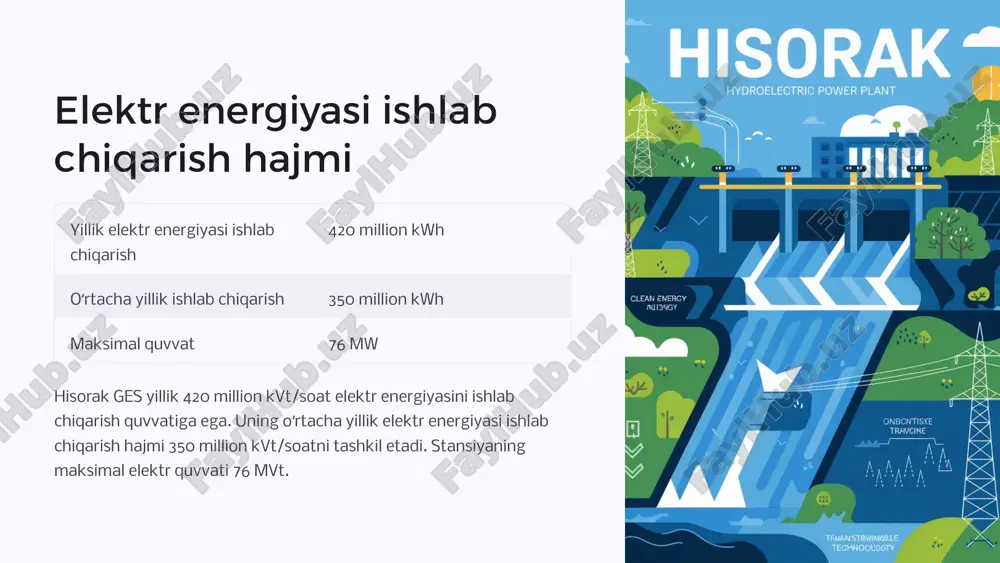 lishi, ishlash texnologiyasi, ishlab chiqarish ko'rsatkichlari, ekologik ta'siri va boshqa masalalarga bag'ishlangan ilmiy maqolalar va tahliliy nashrlar. 3 davlat statistik ma'lumotlari qashqadaryo viloyati va shahrisabz tumani, shu jumladan, hisorak ges bo'yicha yillik statistik hisobotlar va ma'lumotlar to'plamlari. 4 elektr energetika sohasidagi ilmiy adabiyotlar gidroenergetika, elektr tarmoqlari, energiya resurslaridan oqilona foydalanish, energiya samaradorligi bo'yicha ilmiy adabiyotlar va tahliliy nashrlar. 13 image1.png image2.png image3.png image4.png image5.png image6.png image7.png image8.png image9.png image10.png image11.png image12.png image13.png image14.png image15.png image16.png image17.png image18.png image19.png image20.png image21.png image22.png