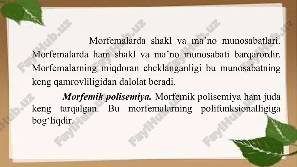 «bajaruvchi» ma’nosi ikki marta ifodalangan: ichki fleksiya (arab tilida mashshoq –mashq qiluvchi shaxs, xodim – xizmat qiladigan shaxs) va –cha affiksi orqali. bir xil ma’nodogi ikki affiks qo‘shma affiks maqomini oladi: yog‘ingarchilik, namgarchilik, rasvogarchilik kelishik va egalik affikslarining ikki marta ifodalanishi (kitobni uch so‘mdanga oldi, romanning so‘zboshisi) ham pleonazmning o‘ziga xos ko‘rinishidir. bir ma’nodogi ikki affiksning ketma-ket qo‘llanishi analogiya natijasida tug‘ilishi ham mumkin. masalan, biri – birisi. birlik arabcha koʻplik oʻzbekcha koʻplik xabar axborot axborotlar taraf atrof atroflar hol ahvol ahvollar xulq axloq axloqlar olim ulamo ulamolar hayvon hayvonot hayvonotlar shoir shuaro shoirlar yaqinda eron imomlarining ulug‘lari-yu turon sohib ixtiyorlari, shomning nomdor ulamolari-yu iroqning dongdor fuzalolari, dars-u fatvo as’hoblari-yu zuhd-u taqvo arboblari – barchasini bir majlisda jam etdim. (muhammad ali) 2.barchasiga dedim: «o‘tgan asrlarda ulamolar hukmdorlarga ezgulik va adolat bobida yo‘l-yo‘riqlar aytib, yaxshi-yaxshi kengashlar berg‘onlar, nomunosib harakatni man etg‘onlar.(muhammad ali) 3. hatto atroflarin o‘rab atayin qo‘riqxona deymiz so‘ngra otini. (abdulla …