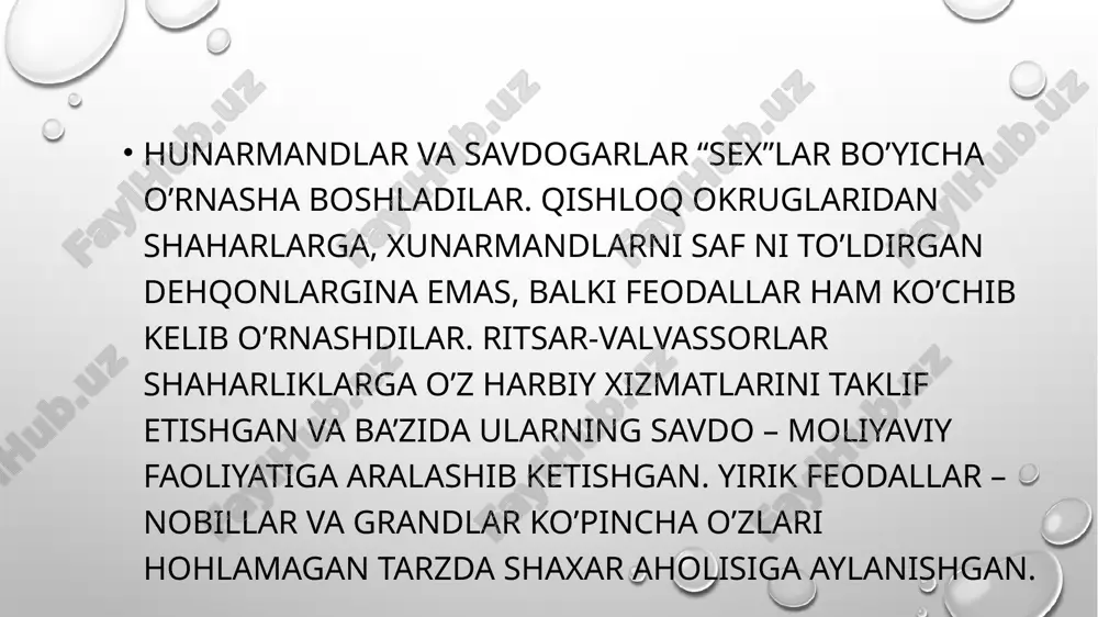 oyon bo’ldi. appenin yarimorolining shimoli g’arbidagi pemont viloyatidagi monferrat = salusso markizliklarida dehqonlarning shaxsiy qaramligini o’ta og’ir shakllari saqlanib qolgan bo’lib, 1303 1307 yillarda bu joyda monax fransiskan dolchino boshchiligidagi shahar va qishloq kambag’allarining uyushgan qoʻzgʻoloni bo’lib o’tdi. u mulkiy va ruxiy tenglik g’oyalarini targ’ib qildi, ko’plab boyliklarga ko’milib faoliyat yuritayotgan katolik cherkovini qoraladi. 1304-yilda qo’zg’olonchilar mahalliy feodallar qo’shini ustidan g’alaba qozondi. papa klimentv qo’zg’olonchilarga qarshi salib yurishi e’lon qildi. dolchino yuqori tog’li xududga chekindi, sebello tog’ida mustahkamlangan lager barpo etadi, biroq uzoq davom etgan qamal va ocharchilik tufayli qo’zg’olonchilar qo’shini 1307 yilning bahorida tor mor etiladi, dolchino esa qiynoqlar ostida o’z g’oyalaridan voz kechmagan xolda vafot etdi. xiii – xv asrlarda italiya shaharlari yevropa mamlakatlarining savdo – sanoat va moliyaviy tadbirkorligida peshqadamlik qilishgan. xiii asrdayoq hunarmandchilikni rivojlanishida yangi kasb-hunarlar yuzaga kelib, ixtisoslashish jarayoni yanada namoyon bo’la boshladi. hunarmandchilikda sex korporatsiyalari vujudga kela boshladi. italiya shahar – davlatlarida sexlar nafaqat …