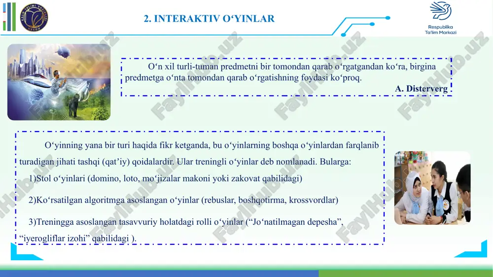 katlar amalga oshiriladi: - oʻquvchilar eʼtiboriga oʻrganilayotgan mavzu mohiyatini tasviriy yoritishga yordam beruvchi izohlarsiz bir nechta videolavha namoyish etiladi; - oʻquvchilar har bir lavhada qanday jarayon aks ettirilganligini izohlaydilar; - jarayonlarning mohiyatini daftarlariga qayd etadilar; e’tiboringiz uchun rahmat! 14 image1.png image2.png image3.png image4.png image12.png image5.png image6.png image7.png image8.png image9.png image10.jpeg image11.png image13.png image14.png image15.png image16.png image17.png image18.png image19.jpeg image20.png image21.png image22.png image23.png image24.png image25.png image26.jpg image27.png image28.png image29.png image30.png media1.mp4 image31.png image32.png media2.mp4 image33.png image34.png image35.png /docprops/thumbnail.jpeg