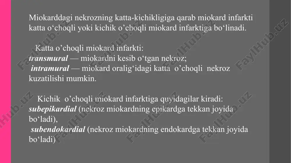 tkazib berolmasligi sabab boiadi. miokard infarktining bu xili yurakning notekis urish xili bilan birga uchrashi mumkin. miokard infarktining belgisiz xili bemorlar baʼzan miokard infarktini boshdan o‘tkazganliklarini bilmaydilar. boshqa sabab bilan ekgda tekshirilganda miokard infarkti o‘tkazilganligiga xos o‘zgarish topiladi. baʼzan miokard infarktiga xos klinik belgilar juda kam bo’ladi. har qachongidek yurak sohasida stenokardiya xurujiga xos og‘riq, qisqa muddatli hansirash, bilinar-bilinmas bo‘shashish bo‘lib o‘tganini bemorlar eslab qololmaydilar. keyinchalik ekgda tekshirilganda miokard infarkti aniqlanadi. yurak xurujini aniqlash uchun quyidagi testlar o'tkaziladi qon testlari elektrokardiogramma (ekg) exokardiografiya . yurak kompyuter tomografiyasi (kt) yurak mri (magnit-rezonans tomografiya) koronarografiya usuli koronarografiya usulida olingan rasmlar yurak xurujini davolash ta'sirlangan yurak mushaklariga qon oqimini imkon qadar tezroq tiklashni anglatadi. bu turli yo'llar bilan sodir bo'lishi mumkin: dori-darmonlardan tortib to jarrohlik aralashuvigacha. dorilardan asosan: qon ivishiga qarshi dorilar (bunga aspirin va boshqa qonni suyultiruvchi dorilar kiradi) nitrogliserin trombolitik (trombni bostiruvchi) dorilar antiaritmiyaga qarshi dorilar og'riqli dori morfindir beta-blokerlar antigipertenziv …