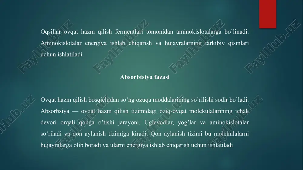 sforlanish deb ham ataladi. oksidlanishli fosforlanish natijasida xujay-rada koʻp miqdorda energiyaga boy makroergik birikma — atf toʻplanadi. atf energiyasi keyinchalik hujayrada sodir boʻladigan barcha hayotiy jarayonlarni energiya bilan taʼminlaydi. oksidlanishli fosforlanishning asosiy substratlari krebs siklila hosil boʻladigan organik kislotalardir. oksidlanish bilan bogʻliq boʻlgan fosforlanish jarayonini rus olimi v. a. engelgardt kashf etgan (1930). oksidlanishli fosforillanish atf molekulalarining asosiy qismi hujayra nafas olish jarayonining oxirgi bosqichida: elektron tashish zanjirida oksidlovchi fosforillanish natijasida hosil boʻladi. bu yerda nad∙h va fadh 2 oksidlanishi sodir boʻladi va glikoliz, β-oksidlanish, krebs sikli va boshqalar jarayonlarda kamayadi. mitoxondriyaning ichki membranasida (prokariotlarda, sitoplazmatik membranada) lokalizatsiya qilingan elektron tashish zanjiri tufayli bu reaksiyalar davomida chiqarilgan energiya transmembran proton potentsialiga aylanadi. atf sintaza fermenti bu gradientdan atfni sintez qilish uchun foydalanadi va uning energiyasini kimyoviy bogʻlanish energiyasiga aylantiradi. nad∙h molekulasi bu jarayonda 2,5 molekula atf, 1,5 molekula fadh 2 hosil qilishi mumkinligi hisoblab chiqilgan. kislorod aerob nafas olish zanjiridagi …