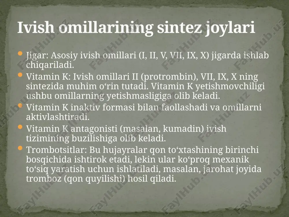 a bermoqda. afzalligi: bir martalik davolash bilan yillar davomida omil ishlab chiqarilishi mumkin. xulosa: tug‘ma qon ivish omillarining buzilishi — bu organizmdagi koagulatsiya tizimining murakkab biokimyoviy muvozanatining buzilishi natijasida rivojlanadigan og‘ir patologiyalar guruhidir. ular orasida gemofiliya a, b, va von willebrand kasalligi eng ko‘p uchraydi. bu kasalliklar odatda ma’lum ivish omilining genetik yetishmovchiligi bilan bog‘liq bo‘lib, biokimyoviy jarayonlar – trombin hosil bo‘lishi, fibrin shakllanishi va gemostazning uzviy bosqichlariga bevosita ta’sir qiladi. zamonaviy biokimyo fanining yutuqlari tufayli bu kasalliklar: •molekulyar darajada aniqlanmoqda, •spetsifik laborator testlar bilan differensial tashxis qilinmoqda, •va eng muhimi, davolash va profilaktika strategiyalari tobora takomillashmoqda. omil almashtiruvchi terapiya, desmopressin, va gen terapiya kabi yondashuvlar orqali hozirda ko‘plab bemorlar normal hayot kechirish imkoniga ega bo‘lmoqda. biokimyoviy tadqiqotlar esa ushbu kasalliklarni chuqur o‘rganish va ularni butkul bartaraf etishga xizmat qilmoqda. foydalanilgan adabiyotlar: 1. world federation of hemophilia (wfh) – guidelines for the management of hemophilia (3rd edition, 2020): https://www.wfh.org/en/resources/wfh-guidelines 2. …
