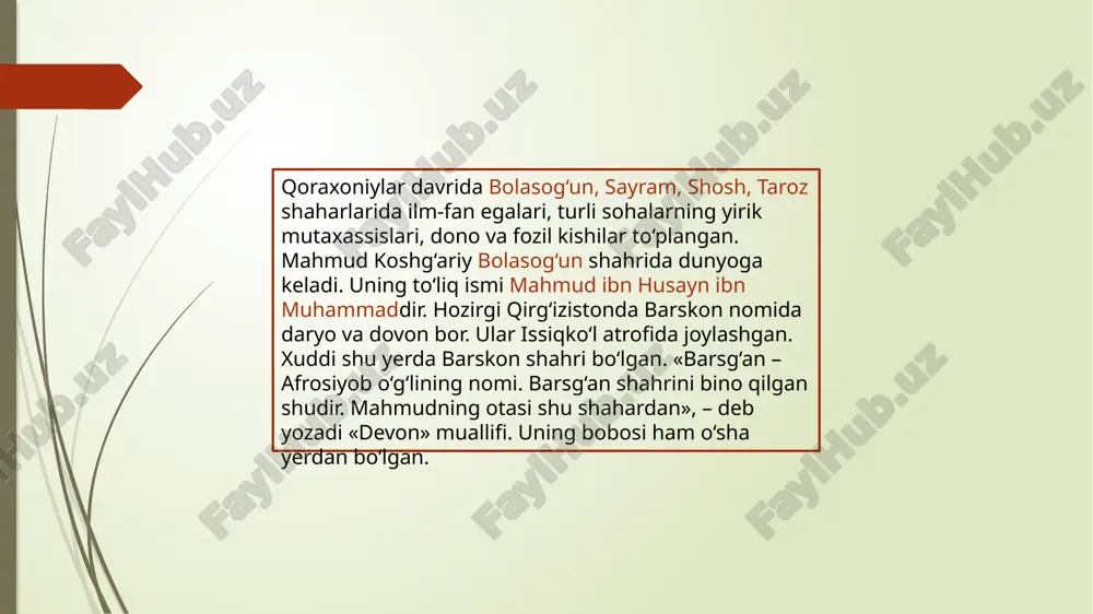 sayram d) taroz mavzuga doir test 2. mahmud qayerdagi maktab va madrasalarda ilmini oshirgan? a) buxoro, marv, nishopur, hirot, bag‘dod b) samarqand, buxoro, marv, hirot c) buxoro, marv, nishopur, bag‘dod, samarqand d) xiva, buxoro, marv, nishopur, samarqand mavzuga doir test 3. yusuf amiriy qalamiga mansub munozarani toping. a) «o‘q va yoy» b) «boz va bulbul» c) «binafsha va chang» d) «bang va chog‘ir» mavzuga doir test 4. «devon»dagi to‘rtliklar, asosan, qanday qofiyadoshlikka ega? a) a-a-a-b b) a-b-a-b c) a-a-a-a d) a-a-b-a mavzuga doir test 5. «alp er to‘nga» marsiyasida keltirilgan turklarning qadimiy qahramoni kim? a) alp er to‘nga b) barsg‘on c) barman d) siyovush mavzuga doir test 6. «devon»dagi xalq qo‘shiqlarining tasvir usullari nihoyatda xilma-xil bo‘lib, qaysilari tez-tez ko‘zga tashlanadi? 1) o‘xshatish; 2) talmeh; 3) qiyoslash; 4) qarshilantirish; 5) jonlantirish; 6) ishtiqoq; 7) sifatlash. a) 1, 3, 4, 5, 6 b) 1, 3, 4, 5, 7 c) 2, 4, 5, …