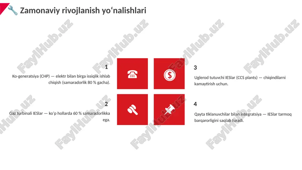 nchilikda, to‘quvchilikda ishlatilgan. ammo xix asrning ikkinchi yarmiga kelib, ularni elektr generatorlari bilan birlashtirish g‘oyasi paydo bo‘ldi. 2. birinchi issiqlik elektr stansiyasi (1882-yil). 1882-yilda amerikalik ixtirochi tomas edison nyu-york shahrida dunyodagi birinchi issiqlik elektr stansiyasini — “pearl street station” ni ishga tushirdi. bu stansiya ko‘mir yoqilg‘isida ishlagan va 6 ta bug‘ mashinasi yordamida 110 voltli elektr tokini ishlab chiqargan. u dastlab 59 ta mijozga elektr yetkazib bergan. bu voqea elektr energetikasi tarixida yangi davrni boshlab berdi — endi insoniyat issiqlik energiyasidan elektr ishlab chiqara oladigan texnologiyaga ega bo‘ldi. 3. xx asr boshlarida kengayish davri. xx asr boshlariga kelib, elektr energiyasiga talab keskin oshdi. shu sababli ko‘plab davlatlarda issiqlik elektr stansiyalari qurila boshladi. bu davrda: ko‘mir asosiy yoqilg‘i manbai bo‘lgan. ieslarning samaradorligi past (20–25%) bo‘lsa-da, ular barqaror ishlagan. 1920–1930-yillarda bug‘ turbinalari keng joriy etila boshladi. bu yangilik tufayli ieslarning quvvati va samaradorligi bir necha baravar oshdi. ies ishlash prinspi issiqlik elektr …