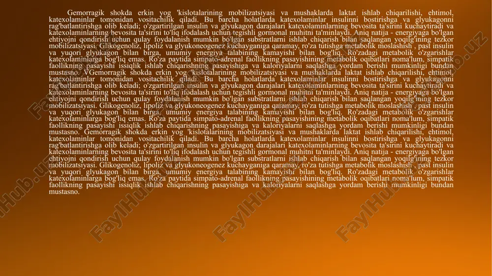 simpato-adrenal faollikning pasayishining metabolik oqibatlari noma'lum, simpatik faollikning pasayishi issiqlik ishlab chiqarishning pasayishiga va kaloriyalarni saqlashga yordam berishi mumkinligi bundan mustasno. sovuqni akklimatizatsiya qilishda (surunkali sovuq ta'sirida) simpato-adrenal faollikning oshishi, garchi termogenezning kuchayishi uchun javobgar bo'lsa ham, oraliq metabolizmdagi o'ziga xos o'zgarishlar bilan bog'liqligi ma'lum emas. ushbu xilma-xil holatlarda simpatik asab tugunlaridan mahalliy ravishda ajralib chiqadigan epinefrin va norepinefrinning aylanma ahamiyati aniq belgilanmagan. aylanib yuradigan epinefrin, agar etarli darajada yuqori konsentratsiyada bo'lsa, glikogenoliz, glyukoneogenez va lipolizni rag'batlantirishi mumkin. ammo gipoglikemiya epinefrin asosan va asosan ajralib chiqadigan yagona holatdir. boshqa hollarda, epinefrin ko'pchilik joylarda mahalliy ravishda chiqarilgan norepinefrin ta'sirini kuchaytiradi. simpatik nervlarning jigar metabolizmini tartibga solishda muhim rol o'ynashi haqida etarli miqdordagi dalillar mavjud. jigarda glyukoza chiqishidagi keskin o'zgarishlar simpatik asab tugunlaridagi impulslar bilan boshlanganga o'xshaydi. simpatik nervlar, ehtimol, yog 'to'qimalaridan erkin yog' kislotalarini mobilizatsiya qilishda muhim ahamiyatga ega. shu bilan birga, yog 'to'qimalari simpatik nervlarning stimulyatsiyasiga va katexolaminlarning infuziyalariga javoban …