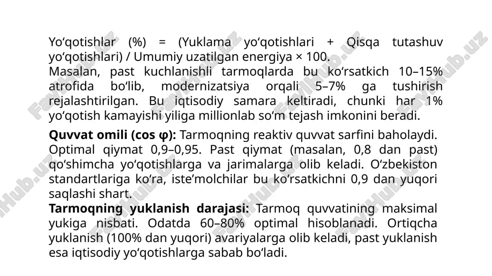 i, ham kiradi va u quyidagicha aniqlanadi: s=i/w, bu yerda: i- elektr tarmoqdan foydalanish harajatlari; w- bir yil davomida iste’molchi tarmoqdan olgan elektr energiyasi miqdori, kvt.soat. mavzu bo’yicha olingan ma’lumotlarni mustahkamlash uchun bitta masalani yechishni ko’rib chiqamiz. oʻtkazgichlarning (simlar yoki kabellar) koʻndalang kesim yuzasini (s, mm²) tanlashda bir necha mezonlar hisobga olinadi: issiqlik holati, mexanik mustahkamlik, kuchlanish tushishi va iqtisodiy samaradorlik. ushbu mavzuda tokning iqtisodiy zichligi (j_ek, a/mm²) – eng muhim koʻrsatkichlardan biri boʻlib, u oʻtkazgichning kesim yuzasini iqtisodiy jihatdan optimal tanlashga yordam beradi. bu mezon elektr energiyasi yoʻqotishlarini (issiqlik shaklida) minimallashtirish va bir vaqtning oʻzida oʻtkazgich materialiga sarflanadigan xarajatlarni kamaytirish uchun ishlatiladi. tokning iqtisodiy zichligi nima? taʼrifi: iqtisodiy tok zichligi – oʻtkazgichning koʻndalang kesimining 1 mm² dan oʻtuvchi optimal tok kuchi (a/mm²). u oʻtkazgichning narxi (material xarajati) va tok oʻtishi natijasida yuzaga keladigan energiya yoʻqotishlari (p = i²r, bu yerda r – qarshilik) oʻrtasidagi muvozanatni taʼminlaydi formula: kesim yuzasi …