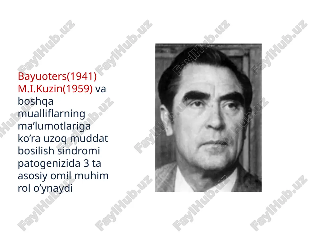 u orqali aylanib yuruvchi qon o’rni to’ldiriladi. gipovollemiyaga, atsidozga, giperkaliyemiyaga va buyrak yetishmovchiligiga qarshi kurash, avvalgidek, muhim rolni o‘ynaydi. 0‘tkir buyrak yetishmovchiligini davolashda «sun’iy buyrak» apparati bilan gemodializi yaxshi natija beradi. umbs ning og‘ir formalarida amputatsiyaga ko‘rsatmalar bo‘lishi mumkin. agar amputatsiya o’z vaqtida, anuriya rivojlanguncha qilinmasa, bemorga foyda berm aydi. amputatsiya bajarish qoidasi: 1) to‘qimaning sog‘ qismidan shu bilan birga tejagan holda kesish; 2) amputatsiyalar mioplastik xarakterga ega bo’lishi kerak emas; 3) cho’ltoq doim ochiq qolishi kerak. 0‘tkir buyrak yetishmovchiligi bartaraf etilgandan so‘ng, davo tadbirlari oyoq yoki qo‘l funksiyasini tiklashga, infeksion asoratlarning oldini olishga kontrakturalar profllaktikasiga qaratilgan. bemorda umbs kuzatilgan paytda og’ir buyrak yetishmovchiligini oldini olish hamda elementlar balansini yaxshilash maqsadida turli xil eritmalar (ishqoriy eritmalar,glukoza)organizmiga yuboriladi uzoq muddatli bosilish sindromida tana qismini bosib turgan jism mushaklarning kuchli siqilishi, qon-tomirlar ishemiyasiga olib keladi. agar jism massasi og’ir bo’lsa suyaklarning chiqishi, hatto sinishi ham kuzatilishi mumkin e’tiboringiz uchun rahmat! image1.png image2.png …
