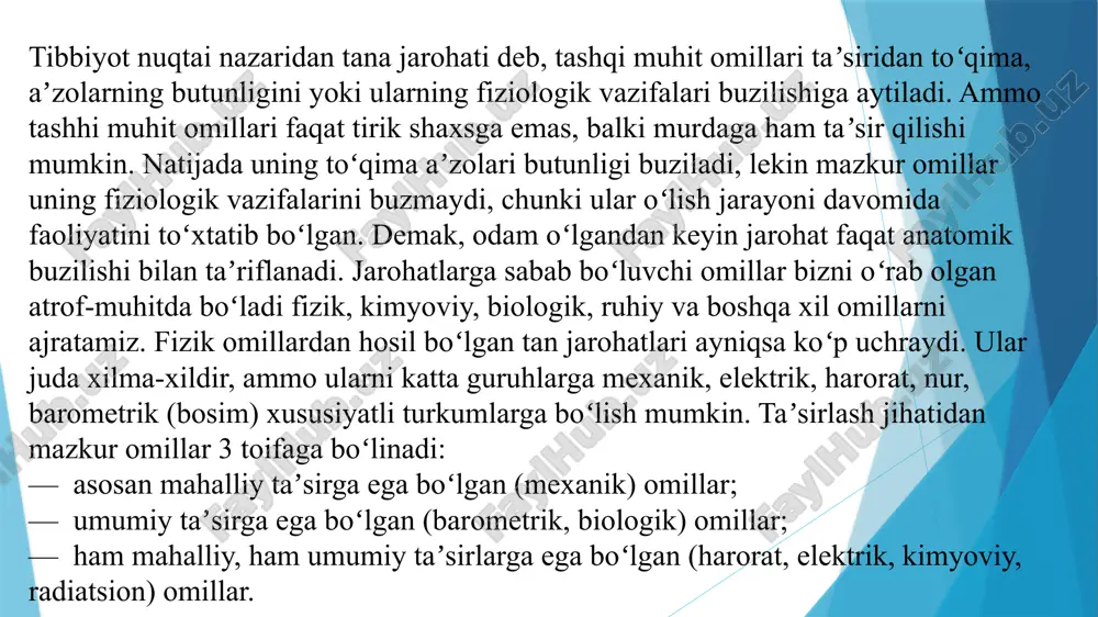 nday kesiklarning boʻlishi oʻtkir kesuvchi qurol (asbob) qoʻllanilganini koʻrsatadi. kesilgan yaralarning uzunlish, odatda, ular- ning kengligi va chuhurligidan katta boʻlib, koʻndalang kesimi esa pona (yaraning orasi ochiq boʻlganda) shakliga yoki toʻgʻri chiziqli darchasimon (agar chetlari birbiriga yaqin boʻlsa) shaklga ega boʻladi. boʻyindagi kesma yaraning izi. otilishiga koʻra qurollar bit- talab (pistolet, miltiq) va guruhlab (pulemyot, avtomat) oʻq uzuvchi qurollar xiliga boʻlinadi. stvolning ichki yuzasiga harab — tekis (ov miltiq- lari) va burama oʻyiq (miltiqlar) stvolli qoʻl qurollari tafovut qilinadi. qoʻl qurollari zaryadining tashkiliy qismi patrondan iborat. bu — silindr shaklidagi metall gilza, uning ichida porox va oʻq mavjud. oʻqning asosiy massasini qoʻrgʻoshin tashkil qiladi (usti tomonidan poʻlat, nikel, melxior yoki mis bilan qoplangan). ov miltiqlarida zaryad poroxdan tashkil topgan boʻlib, uning ustidan pilik (kartonli yoki kigizli plastinka) va pilik ustidan pitra (sochma) solinadi va ikkinchi pilik bilan zichlab yopiladi. gilza ostida teshik boʻlib, unga portlovchi moddali (qaldiroq simob yoki shunga …