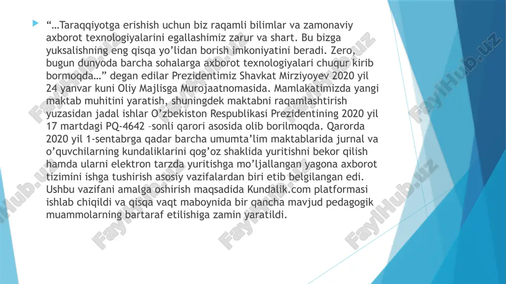ta’lim bilan birga onlayn bakalavr va magistrlik dasturlari bo’lishi ta’lim jarayoninig to’liqligini ta’minlaydi. hozirda raqamli ko’rinishda eng yaxshi ta’limni olish imkoniyatlari mavjud. masalan eng nufuzli xorijiy universitetda o’qitiluvchi ma’ruzalarni internetda tinglash mumkin. ammo bunda bevosita auditoriyada bo’lish muhim omil hisoblanadi, ya’ni bilimlarni shundoqqini uzatishdan ko’ra, diskussiya, turli g’oyalarni muhokama qilish, bilimlarni bevosita sinab ko’rish aralash ta’limning muhimligini isbotlaydi raqamli ta’lim formatida o’rganish va o’rgatish ancha qiyin bo’lganligi uchun barcha ta’lim turlari va shakllarni bu formatga o’tkazish doimo to’g’ri emas deb hisoblaymiz. muammo o’rta va o’rta-maxsus ta’lim tayyorlayotgan yangi kadrlar ommaviy va muvaffaqiyatli ravishda an’anaviy ta’lim shaklida eski bozor sistemasi uchun moslashtirilganligida va bundan darhol bo’lmasada, asta-sekinlik bilan voz kechish payti kelgan deb hisoblaymiz. o’qitishning zamonaviy axborotlashgan formatdagi masofaviy ta’limning ham o’qituvchilar nazdida salbiy jahatlari ham borki, ularni ta’limning bu turini keng joriy qilishda va bu borada yuzaga keladigan muammolarni yechishda e’tiborga olish kerak bo’ladi:  jonli va amaliy harakatlarni talab …
