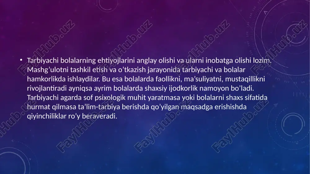 iy ma’noda boshi uzga bir pog’ona ko’tarilish imkoniyatini beradi. chunki rivojlanishdan oldinda borayotgan ta’limgina samaralidir. ayni shu omil rivojlanishning yaqin hududidagi boshqa funktsiyalarning namoyon bo’lishiga xizmat qiladi. “pedagogika ortga emas, bola rivojlanishining ertangi kuniga qarab yo’nalish olishi kerak” degan fikr bilan kattalar va bolalar o’rtasida o’zaro faol harakatni tashkil etish muhimligini ta’kidlaydi. image2.png image3.png /docprops/thumbnail.jpeg