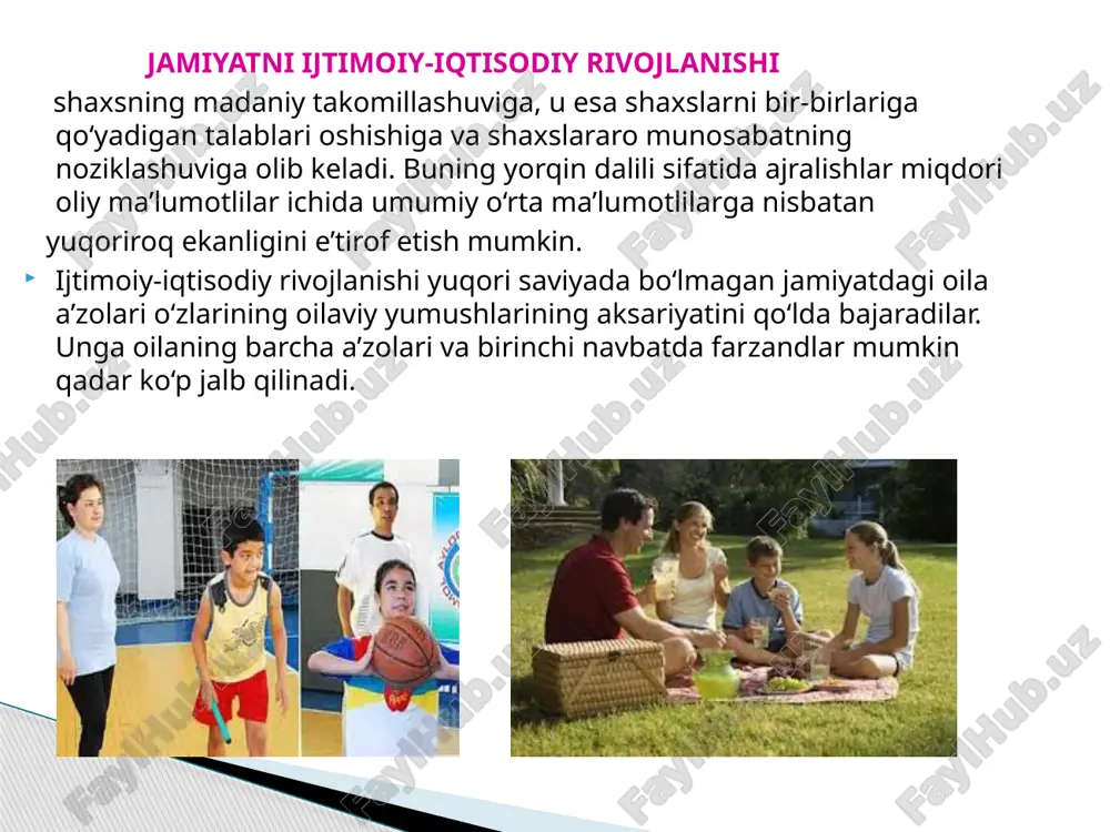 lakalarini o‘rgatish yoshlarni jinsiy hayotga ilmiy asosda tayyorlash yoshlarni oilaviy muloqotga tayyorlash. yoshlarni oilaviy hayotda kuzatiladigan o‘zgarishlar haqidagi ilmiy bilimlar bilan tanishtirish yoshlarni oilaviy hayotda yuzaga keladigan muammolarga konstruktiv tus berishga, destruktiv o‘nalishdagilardan saqlanishga o‘rgatish yoshlarning o‘zlariga turmush o‘rtog‘ini to‘g‘ri tanlash malakalarini shakllantirish yoshlarda oilaning mustahkamligini ta’minlovchi bilim va malakalarni shakllantirish yoshlarni oilani rejalashtirishga o‘rgatish. jamiyat va oila har qanday jamiyat taraqqiyotida oilalarning, oilalar mustah- kamligining o‘rni beqiyosdir. chunki tirik organizmning salomatligi uni tashkil qiluvchi har bir hujayraning sog‘lomligiga bog‘liq bo‘lganidek, butun organizm o‘z faoliyatini maqsadga muvofiq amalga oshirishida har bir hujayraning munosib o‘rni bo‘lganidek, oila ham davlat, jamiyat deb atalgan butun bir organizmni tashkil etuvchi hujayradir. har bir oilaning sog‘lom bo‘lishi, ularda ijobiy psixologik iqlimning hukm surishi, mana shu muhitda dunyoga kelib, shaxs sifatida shakllanib, so‘ng o‘zi yashayotgan davlatning fuqarosi sifatida o‘z davlatining iqtisodiyoti, ijtimoiy hayoti taraqqiyotini ta’minlovchi, hal qiluvchi omil bo‘lgan inson kamolotida oilaning tutgan o‘rni beqiyosdir. konstitutsiyaning …