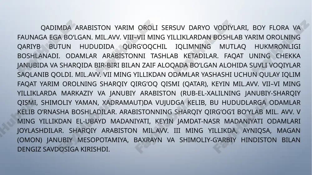 slari mug‘arrib lar saba podsholigining boshqaruv ishlari va ijroiya hokimiyatiga ega bo‘lgan mansabdor shaxslar mug‘arrib lar saba podsholigining boshqaruv ishlari va ijroiya hokimiyatiga ega bo‘lgan mansabdor shaxslar arabiston yarim oroli dini politeistik xususiyatda bo‘lgan. janubiy arabistonda bosh xudo astar hisoblangan. saba qabilalarida almakaxon oy xudosi hisoblanib, unga ho‘kiz qurbonlik keltirilgan. osmon, quyosh va bir necha sayyoralarga ham e’tiqod qilingan. nabateylar ilaxu yoki alloh («xudo»), dusharg (chaqmoq xudosi, dunyo boshqaruvchisi)ga sig‘inganlar. image4.png image5.png image6.png image7.png image8.png image9.png image10.png image11.png image12.png image13.png image14.png image15.png image1.png /docprops/thumbnail.jpeg