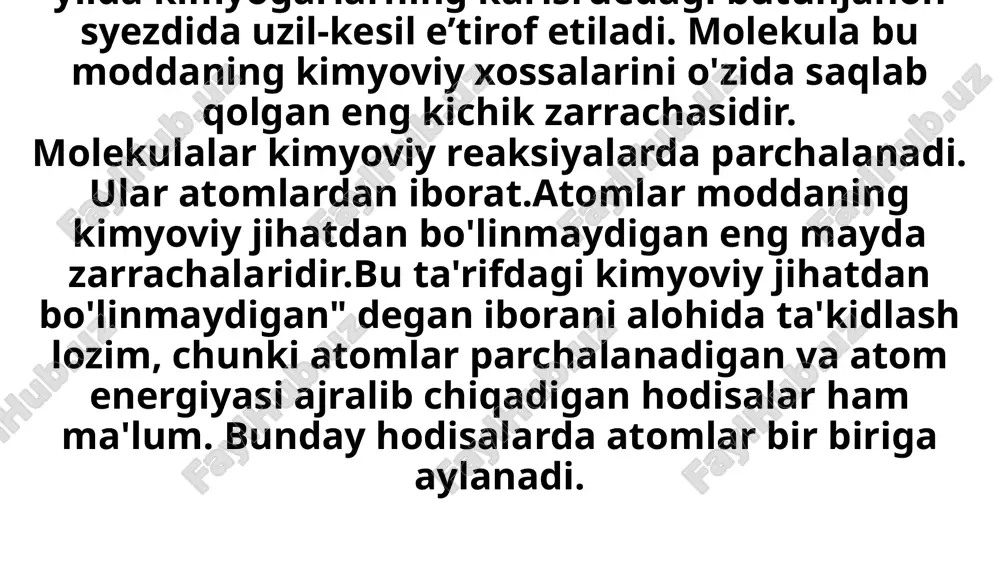 mning umumiy massasining saqlanib qolishini ta'kidlaydi. ya'ni, reaksiyaga kirishgan moddalarning massasi, hosil bo'lgan mahsulotlarning massasi bilan teng bo'ladi. massa saqlanish qonunining muhim jihatlari: 1. reaksiya davomida massa o'zgarmaydi: kimyoviy reaktsiyalar vaqtida atomlar o'zaro birlashib yoki ajralib, yangi moddalar hosil bo'lsa-da, ularning umumiy massasi saqlanadi. bu, atomlar soni o'zgarmasligini anglatadi, faqat ular boshqa birikmalar hosil qiladi. 2. reaksiya yopiq tizimda bo'lsa: agar reaksiya yopiq tizimda (ya'ni, tashqi muhit bilan moddalar almashinuvi bo'lmasa) o'tkazilsa, reaksiyaga kirishgan barcha moddalarning massasi hosil bo'lgan mahsulotlarning massasiga teng bo'ladi. 3. lavuazyening tajribasi: 18-asrda antoine lavuazye tomonidan o‘tkazilgan tajribalar orqali massa saqlanish qonuni aniq isbotlangan. u yopiq idishda reaksiyaga kirishgan moddalarning massasi o‘lchanib, hosil bo‘lgan mahsulotlarning massasi bilan taqqoslangan va ular teng bo‘lgan. 2.ekvivalent qonuni (yoki kimyoviy ekvivalentlik qonuni) kimyo fanida kimyoviy moddalarning reaksiyaga kirishishidagi nisbatan o‘xshashliklarni tushuntiradi. ushbu qonun moddalarning reaksiyaga kirishish uchun kerakli ekvivalent miqdorlarini belgilaydi. ekvivalent qonuni: ekvivalent qonuni bo‘yicha, ikki yoki undan ortiq …