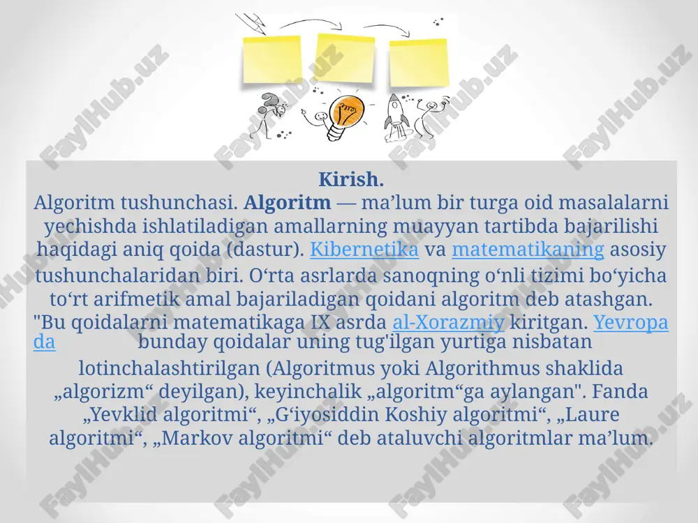 i formatlash, ortish/qo‘shish kabi oddiy tahrir jarayonlari (masalan, hatoliklarni ketma-ket tuzatish). afzalliklari 3. matematik kuch va nazariy ahamiyat (universallik) izoh: markov algoritmlari turing mashinasi bilan ekvivalent — ular yordamida har qanday hisoblanuvchi funksiya ifodalanishi mumkin. nima uchun foydali: hisoblanuvchanlik nazariyasini o‘rganishda asosiy model bo‘lib, nazariy isbotlar va taqqoslashlar uchun mustahkam poydevor beradi. misol: hisoblash chegaralarini ko‘rsatish, hisoblanmaydigan funksiyalar misollarini qurish. atama izoh alfavit belgilar to‘plami (masalan, {a,b,c}) so‘z (zanjir) alfavit belgilaridan tashkil topgan ketma-ketlik produksiya (qoida) belgilar zanjiridagi almashtirishni bildiruvchi formula normal algoritm belgilar ustida qoidalarga asoslangan almashtirish tizimi markov bo‘yicha hisoblanuvchi funksiya normal algoritm orqali hisoblab chiqiladigan funksiya hisoblanuvchanlik algoritm yordamida yechish mumkin bo‘lgan jarayonlarni o‘rganish sohasi xulosa markovning normal algoritmlari — bu hisoblash nazariyasida belgilar zanjirlarini qoidalarga asoslangan tarzda o‘zgartirish orqali hisoblash jarayonini formal ravishda ifodalovchi kuchli va intuitiv modeldir. ularning eng muhim yutug‘i shundaki, ular turing mashinasiga, rekursiv funksiyalarga va lambda-hisoblashga ekvivalent bo‘lib, ya’ni markov algoritmlari yordamida …
