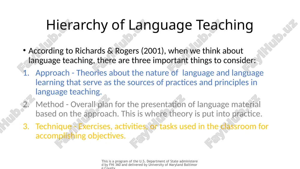 sity of maryland baltimore county approach “untitled” by 3dman_eu is licensed under pixabay. it is free to use and share. 12 language learning theories interactional view focuses on conveying and receiving authentic messages that are meaningful to both speaker and listener. method: task-based language teaching (tblt) this is a program of the u.s. department of state administered by fhi 360 and delivered by university of maryland baltimore county approach ““untitled” by 3dman_eu is licensed under pixabay. it is free to use and share. 13 dominant methods timeline traditional approaches: grammar-translation method (1890s-1940s) the direct method (1970s) audio-lingual method (1950s-1960s) designer methods (humanistic approaches): suggestopedia (1960s-2000s) the silent way (1970s-2000s) total physical response/tpr (1970s-2000s) communicative language teaching approach (1980s-2000s) task-based learning (1980s-2000s) post-methods era this is a program of the u.s. department of state administered by fhi 360 and delivered by university of maryland baltimore county this is a program of …