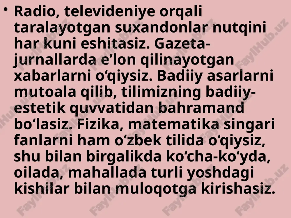 oniyatlarini o‘z ichiga olish bilan birga, o‘zbek shevalariga, kasb-hunarga doir leksik birliklar, bugungi kundalik iste’moldan chiqib ketgan tarixiy so‘zlar ham personajlar nutqi orqali ishlatila beradi. badiiy uslub o‘quvchida estetik zavq uyg‘otadi. demak, badiiy uslub orqali ro‘yobga chiqqan nutq ma’lum voqea-hodisa haqida axborot berish (kommunikativ vazifani bajarish)dan tashqari, o‘quvchiga ta’sir qilish (ekspressiv) vazifasini ham bajaradi. badiiy uslub uchun obrazlilik, tasviriy ifoda vositalariga boylik xosdir. badiiy uslubdan boshqa barcha uslublar ijtimoiy hayotning ma’lum sohasi doirasida chegaralangandir. badiiy uslub, ulardan farqli ravishda, inson amaliy hayotining barcha tomonlarini qamrab oladi. shuning uchun unda ilmiy uslubning ham, publitsistik uslubning ham, so‘zlashuv uslubining ham, rasmiy uslubning ham elementlari namoyon bo‘laveradi. . rasmiy uslub huquqiy qonunchilik va ish yuritish munosabatlari doirasida qo‘llaniluvchi nutq uslubi rasmiy uslub hisoblanadi. rasmiy uslub quyidagi turlarga bo‘linadi: 1. sof qonunchilik uslubi (qonun, farmon, fuqarolik va jinoiy aktlar, nizomlar uslubi). 2. idoraviy — devonxona uslubi (buyruq, ariza, talabnoma, bildirgi, tavsifnoma, tarjimayi hol, ishonchnoma, …