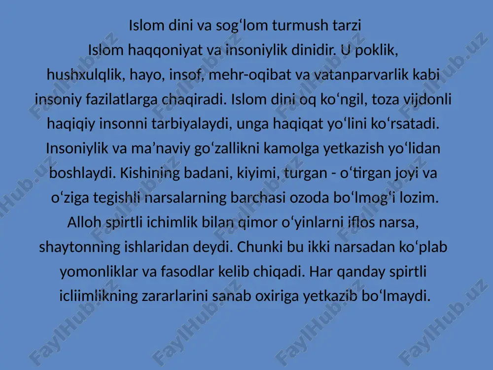 varish qilish, ichaklarni tozalash kabilar to‘g‘risida qimmatli ma’lumotlar bergan. valeologiya asoslarini yaratishda rossiya va ukraina olimlarining qo‘shgan hissaslari buyuk rus jarrohi n. i. pirogov “ogohlantiravchi tibbiyot insoniyatni ommaviy tarqalishi mumkin bo‘lgan kasalliklardan ham va ayrim holda uchraydigan kasalhklardan ham qutqarib qoluvchi kuch” ekanligini ta’kidlab, “men gigiyenaga ishonaman. bizning ilmimiz taraqqiyoti manbai aynan shu yerda. kelajak ogohlantiruvchi tibbiyotga taalluqiidir” degan edi. gigiye naning fan sifatida shakllanishi rus olimlaridan a. p. dobroslavin, f. r. erisman kabilarning faoliyati bilan uzviy bog‘lan gan bo‘lib, ular ilmiy gigiyenik tekshiruvlarga asos solib, sanitariya vrachlarini tayyorlashga e’tiborini qaratdilar va dastlabki gigiyena kafedralarini tashkil etib, ularga rahbarhk qilganlar. xx asrning so‘nggi choragida o‘zbekistonda sog‘lom turmush tarzi ilmining rivojlanishi respublikamizning issiq iqlim sharoiti aholi o‘rtasida turli xil yuqumli o‘tkir ichak infeksiyalarining keng tarqalishi uchun qulay sharoit yaratadi. aholining sanitariya madaniyatini yuksal- tirish, aholi o‘rtasida sanitariya targ‘ibot ishlarini olib borishga o‘z e’tiborini qaratib, “o‘zbekistonda ishlayotgan har bir vrach — sanitariya …