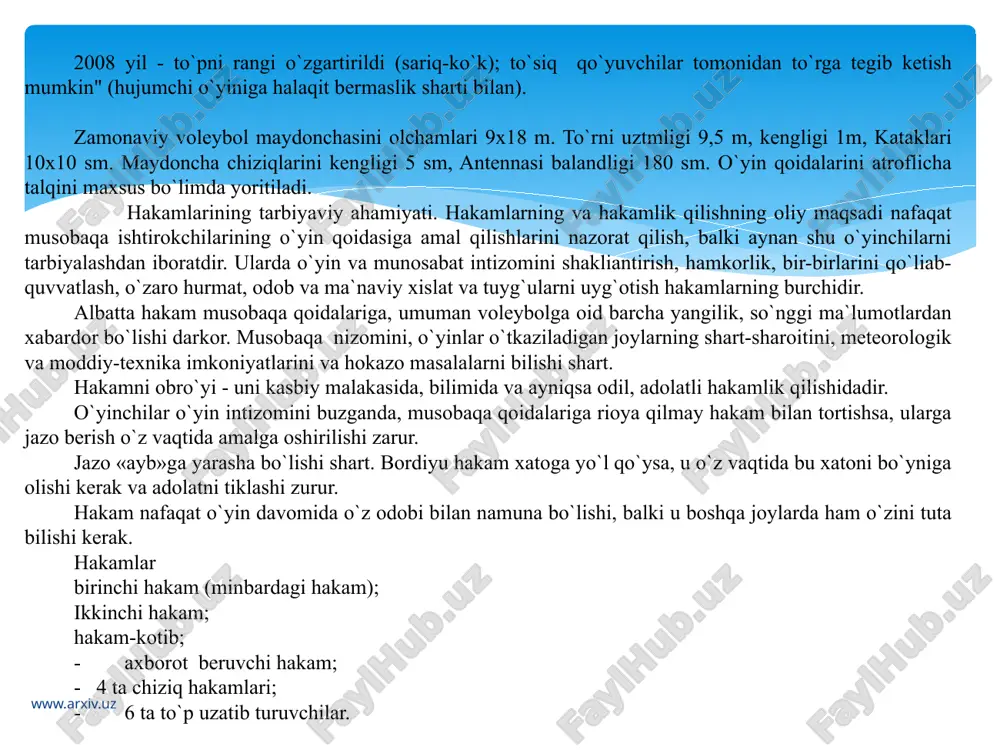 falarni xal qilishga imkon beradigan usullari yig`indisi deb atash mumkin. «texnika» so`zi yunoncha so`z bo`lib, «mahorat» ma`nosini anglatadi. takomillashgan texnik usullarni egallash bilan yuqori mahoratga erishiladi. voleybol o`yin texnikasi o`yinni olib borish uchun zarur bo`lgan harakat usullari majmuasidan iboratdir, xarakatlar texnikasi turli vaziyatlarda maqsadga muvofiq, samarali harakat qilish bilan baholanadi, o`yindagi har bir texnik usulni bajarish bir-biri bilan uzviy bog`langan harakatlanish tizimidan tashkil topadi. harakat texnikasi harakat vazifalarini muayyan usul bilan hal qilish uchun zarur va yetarli bo`lgan harakatning dinamik va kinematik xususiyatlaridir (kuchlarning muayyan izchilligi, gavdaning ayrim qismlari o`rtasidagi muvofiqlik va shu kabilar). www.arxiv.uz texnikaning asosiy qismi - ma`lum bir harakatdagi asosiy mexanizmning eng muhim va xal qiluvchi qismidir. texnikaning asosiy qismini bajarish nisbatan katta kuch sarflanishi bilan ifodalanadi. texnikaning detallari - harakatning asosiy mexanizmini buzmaydigan ikkinchi darajali xususiyatdir. tehnika detallari turli sportchilarda turlicha bo`lib, bu ularning morfologik va funksional imkoniyatlariga bog`liq bo`ladi. texnik harakatlarni bajarishda harakatlarning vaqt jihatidan …