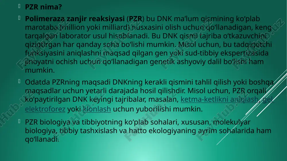 zr dasturi pzr orqali dnk ketma-ketligi million yoki milliard marotaba koʻpaytirilishi mumkin, hosil boʻlgan nusxalar boshqa usullar yordamida tekshiriladi. misol uchun, dnk gel elektroforez usuli yordamida vizual tahlil qilinishi, ketma-ketlikni aniqlash uchun yuborilishi yoki restriktaza fermentlari yordamida parchalanishi va plazmidga klonlanishi mumkin. pzr koʻplab tadqiqot laboratoriyalari va sud-tibbiy ekspertizasi, genetik tadqiqot va tashxislash kabi amaliy ishlarda qoʻllanadi. misol uchun, pzr genetik buzilishlar bilan bogʻliq genlarni (yoki prenatal testda homila dnksini) koʻpaytirish uchun ishlatiladi. pzr tekshiruvidan inson organizmidagi bakteriya yoki virus dnksini aniqlashda ham foydalaniladi: agar patogen mavjud boʻlsa, qon yoki toʻqima namunasidan dnk qismlarini koʻpaytirish imkoni mavjud. namuna muammosi: sud tibbiyotida pzr faraz qiling, siz sud-tibbiy ekspertiza laboratoriyasida ishlaysiz. qoʻlingizga uchta gumonlanuvchi shaxs dnk namunasi, shu bilan birga, jinoyat joyidan olingan soch dnk namunasi kelib tushdi. sizning vazifangiz maʼlum bir genetik markerni tekshirish va uchta gumonlanuvchidan qaysi birining soch dnksi ushbu markerga mos kelishini aniqlashdan iborat. marker ikkita allel yoki …