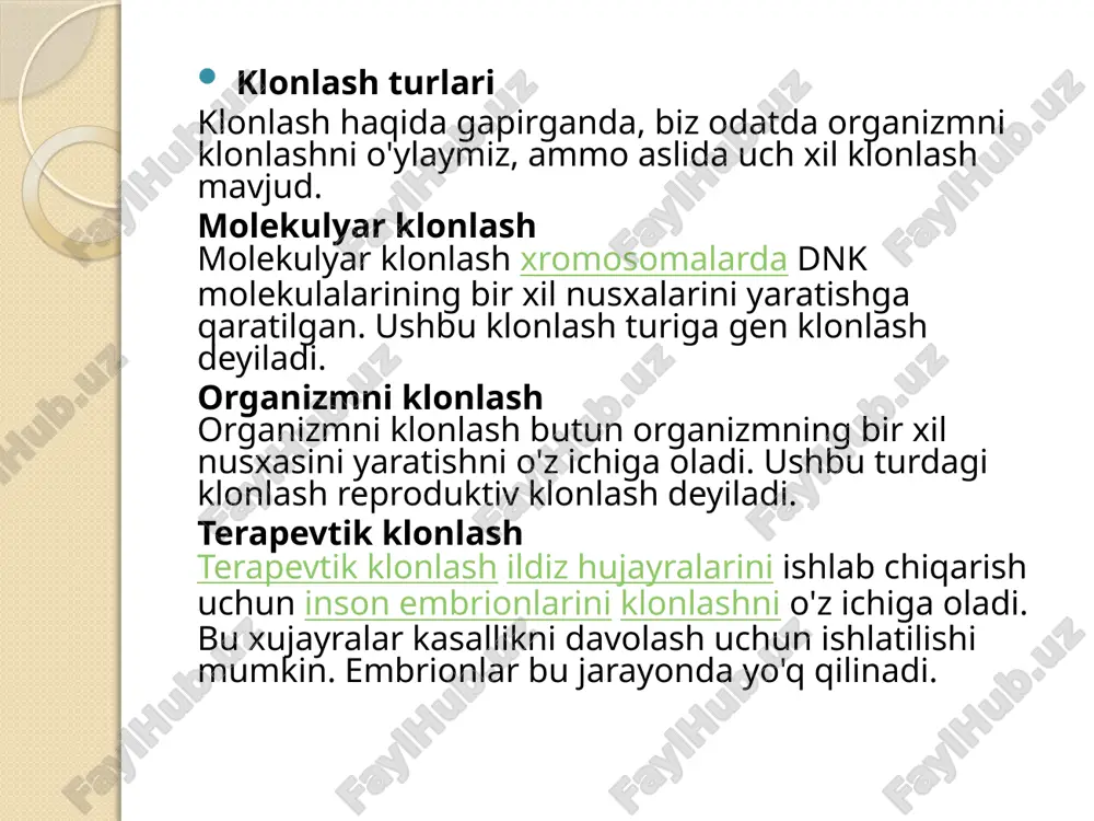 ab chiqarilishini rag'batlantirish uchun gormonal davolangan donordan yig'ib olish mumkin.ikkinchi turdagi hujayralar somatik bo'lishi kerak, ya'ni siz klonlashni xohlagan organizm tanasining hujayrasi. masalan, uni jigar hujayralaridan olish mumkin. asosiy uzatish keyingi qadam - hujayralarni donor somatik hujayradan oositga o'tkazish uchun hujayralarni tayyorlash. buning uchun oosit o'z yadrosidan mahrum bo'lishi kerak.buning uchun mikropipetka ishlatiladi. 1950 yilda, agar oosit shisha igna bilan teshilgan bo'lsa, hujayra ko'payish bilan bog'liq barcha o'zgarishlarga duch kelganligini ko'rsatish mumkin edi.ba'zi bir sitoplazmatik materiallar donor hujayradan oositga o'tishi mumkin bo'lsa-da, sitoplazmaning qo'shgan hissasi deyarli tuxumdan iborat. ko'chirish amalga oshirilgandan so'ng, bu tuxum hujayrasini yangi yadro bilan qayta dasturlash kerak. faollashtirish barcha rivojlanish jarayonlari sodir bo'lishi uchun gibrid hujayrani faollashtirish kerak. ushbu maqsadga erishish uchun ikkita usul mavjud: elektrofüzyon yoki roslin usuli va mikroinjeksiyon yoki honolulu usuli.birinchisi, elektr toki urishidan foydalanish. pulse oqimi yoki ionomitsinni qo'llash orqali tuxum hujayrasi bo'linishni boshlaydi.ikkinchi texnikada aktivatsiyani boshlash uchun faqat kaltsiy impulslari ishlatiladi. …