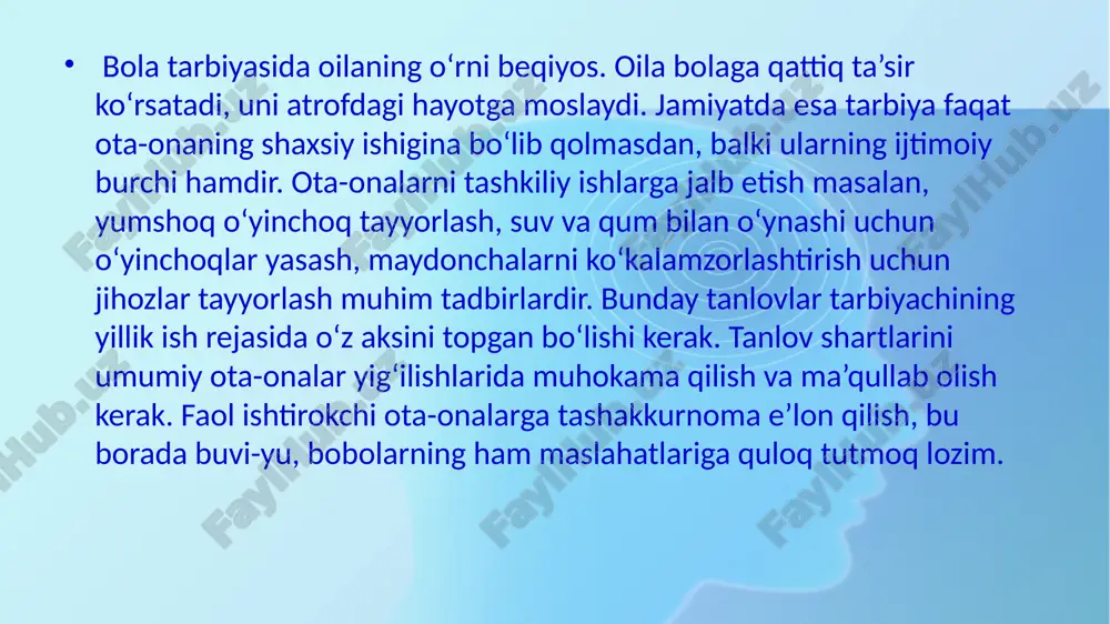 a ularga erishish rejalarini tasdiqlash; muassasada amalga oshirilishi belgilangan vazifalarning bajarilishi va maqsadli ko‘rsatkichlarga erishilishi ustidan nazorat olib borish. kengashning asosiy vazifalari quyidagilardan iborat: hududiy bo‘linma tomonidan tavsiya etilgan nomzodlar tarkibidan muassasa rahbarini saylash, shuningdek uni egallab turgan lavozimidan ozod etish haqida muassasani rivojlantirishning ustuvor yo‘nalishlarini belgilash; muassasa faoliyatini takomillashtirish, moliyaviy-xo‘jalik holati, daromadlar va xarajatlar, byudjyet va byudjyetdan tashqari hamda homiylik mablag‘laridan foydalanish bo‘yicha amalga oshirilgan ishlar to‘g‘risida muassasa rahbarining hisobotlarini tinglash; muassasaning yillik moliyaviy rejalarini, ko‘rsatilayotgan pullik xizmatlar narxining miqdorlarini va muassasa mulkidan foydalanganlik uchun ijara haqi miqdorini, shu jumladan auksiondagi boshlang‘ich narxni muassasa rahbarining ishtirokida tanishib chiqish va takliflar berish; muassasa rahbari, pedagog va boshqa xodimlarining faoliyati bo‘yicha ijtimoiy so‘rovlar o‘tkazish; muassasada tarbiyalanuvchilar uchun qulay shart-sharoitlar yaratish hamda ularni yaxshilash bo‘yicha ota-onalar va jamoatchilik tashkilotlari va homiylar bilan hamkorlik qilishda amaliy yordam ko‘rsatish; muassasani rivojlantirishga doir ustuvor yo‘nalishlarni belgilash bo‘yicha ta'lim muassasasi rahbarining dastur va rejalari yuzasidan hududiy …