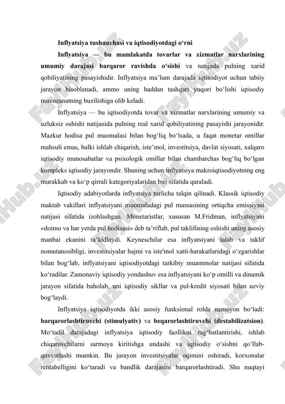 i. bu esa narxlarning sun’iy ko‘tarilishiga, iste’molning ortishiga va jamg‘armalarning qisqarishiga olib kelib, inflyatsiya spiralining kengayishiga sabab bo‘ladi. inflyatsiyaning makroiqtisodiy ahamiyati shundaki, u pul-kredit siyosati samaradorligi, davlat byudjeti barqarorligi va moliya bozorlaridagi ishonch darajasiga bevosita ta’sir ko‘rsatadi. inflyatsiya ko‘rsatkichlari markaziy banklar tomonidan pul siyosatining maqsadli indikatorlari sifatida qo‘llaniladi. masalan, ko‘plab mamlakatlarda «inflyatsiyani maqsadli boshqarish» tamoyili qo‘llanilib, narxlar barqarorligi iqtisodiy siyosatning ustuvor maqsadiga aylangan. inflyatsiya darajasining oshishi foiz stavkalarining ko‘tarilishiga sabab bo‘ladi, bu esa kreditlar qiymatini oshirib, tadbirkorlik faolligini susaytirishi mumkin. shu bilan birga, inflyatsiya valyuta kursi barqarorligiga ham sezilarli ta’sir o‘tkazadi, chunki ichki narxlarning ortishi milliy valyutaning nisbiy qadrsizlanishiga olib keladi. inflyatsiya iqtisodiy tizimda muhim o‘rin tutadi: u iqtisodiy faollikni rag‘batlantiruvchi omil bo‘lishi bilan birga, uning me’yordan oshishi iqtisodiy xavfsizlikka jiddiy tahdid tug‘diradi. shu sababli inflyatsiya jarayonini boshqarish, uning optimal darajasini ta’minlash, anti-inflyatsion choralar ishlab chiqish va monetar-fiskal siyosatni uyg‘unlashtirish zamonaviy iqtisodiyotda davlatning eng muhim vazifalaridan biridir. o‘sish sur’atlariga ko‘ra …