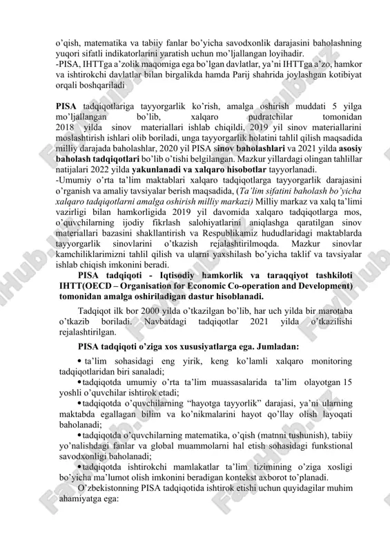 g 1% ga o‘sishini ta’minlaydi. pisa-ni so’ngi yillardagi vazifalarining asosiy jihati nimalardan iborat? bu proektda test sinovlari o’quvchiga qiyinchilik tug’dirmaydi, bunda o’quvchining bilimlari asosiy o’rin tutmaydi, faqatgina bolaning ongini ishlatishni talab qiladi. pisa- ning interaktiv vazifalari nimadan iborat: 2012 yilda birinchi marotoba ommaviy test sinovlari ishtirokchilariga maxsus turdagi vazifalar, ya’ni interaktiv turdagi vazifalar kiritilishi taklif qilingan. interaktiv - o’quvchidan yangi qiyin sistemani oldindan xususiyatini bilmay turib mustaqil tadqiqot qilishni talab qiladi, tizim bilan bevosita amaliy hamkorlik orqali gipotezalarni (xayoliy) o’rtaga tashlaydi, ularni eksprimental tarzda sinab, ob’ektni tekshirihsga harakat qiladi. pisa –bu eng katta xalqaro o'quvchilar bilimining tadqiqot qilish programmasi . pisa- natijalari butun dunyo yoshlarining qanday bilim va ko'nikmalarga ega ekanligini ko'rsatadi. umumta'lim fanlari bo'yicha kompetensiyaviy yondashuvga asoslangan o'quv topshiriqlarini ishlab chiqishda xalqaro tajribadan foydalanish, timss (trends in mathematics and science study) – matematik va tabiiy-ilmiy ta'lim sifatini tadqiqot etadigan xalqaro monitoringdan iborat. unda 4-, 8-, 11- sinf o'quvchilari ishtirok …