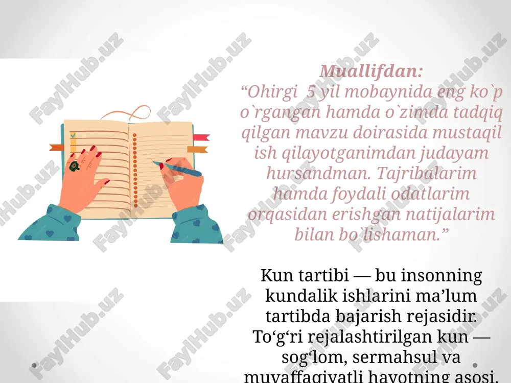 r musiqa tinglash,tozalik ishlari,yaqinlari bilan suhbat ko`rinishida bo`lishi mumkin. ijtimoiy tarmoqlarga vaqt nazorati foydalanish uchun aniq vaqt ajratish (masalan, kechki 19:00–20:00) ko‘p vaqtni “scroll”da yo‘qotishdan saqlaydi real hayotdagi maqsadlarga diqqatni jamlaydi. | vaqt faoliyat | ----------- ------------------------ | 03:30 uyg‘onish, namoz, sport | 06:00 nonushta, rejalashtirish | 07:00–18:00 ish / o‘qish | 12:00–13:00 tushlik va dam olish | 03:30–06:00 o‘qish / ijod / dars | 19:00 oilaviy vaqt, ibodat | 21:30 uyqu shaxsiy kun tartibim bolalar uchun kun tartibi o‘yin, dars, uxlash, ovqatlanish muvozanatda bo‘lishi kerak. bu bola aqliy hamda jismoniy rivojlanishida muhim jarayonlardir. televizor va telefon uchun vaqt cheklangan bo‘lishi zarur-iloji boricha kamroq bo`lgani ma`qul. chunki bular farzandimizning aqliy faoliyatini sustlashtiradigan jarayonlardir. ota-ona namunasi muhim-bolaga gapirib emas ko`rsatib tarbiya berilishi haqida eshitganmisiz? men ko`p kuzatganman bola ko`rganini takrorlaydi. intizom va odat haqida. kun tartibi — intizomning poydevori. aytib o`tganimdek ulkan maqsadlar tartiblarimizda yashiringan. 21 kun davomida bir xil harakat …