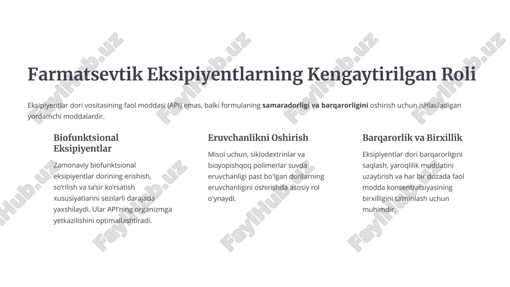 dozaj shakli dizayni dizayn bosqichida eritmaning optimal tarkibi, ph, viskozlik va osmotik xususiyatlari aniqlanadi. har bir ishlab chiqarish jarayoni bosqichi biosamaradorlikni saqlashga qaratilgan bo'lishi kerak. qat'iy sifat nazorati (qc) qc eritmaning barqarorligi, mikrobiologik tozaligi (sterilligi) va ayniqsa, har bir flakonda doza birxilligini qattiq nazorat qilishni ta'minlaydi. global standartlar jahon sog‘liqni saqlash tashkiloti (who) va xalqaro garmonizatsiya kengashi (ich) tomonidan belgilangan ko‘rsatmalar biosamaradorlikni baholash usullari va talablarini, shu jumladan biowaiver (biosamaradorlik sinovidan ozod qilish) qoidalarini belgilaydi. 9 amaliy misollar va so‘nggi ilmiy yutuqlar so'nggi yillarda farmatsevtika sohasida biosamaradorlikni oshirishga qaratilgan bir qator sezilarli yutuqlar qayd etildi. bular asosan dori yetkazib berish tizimlaridagi innovatsiyalar bilan bog'liq. yangi eksipiyentlar yaqinda ishlab chiqilgan biofunktsional eksipiyentlar va maxsus modifikatsiyalangan nanoformulalar api'ning so‘rilish profilini maqsadli ravishda boshqarish imkonini beradi. klinik ko‘rsatkichlar ushbu yangi formulalar bilan o‘tkazilgan klinik sinovlarda an’anaviy formulalarga nisbatan dori moddasining qonga so‘rilishi sezilarli darajada yaxshilanganligi va bemorlarda yon ta’sirlar kamayganligi kuzatildi. muvaffaqiyatli loyihalar …