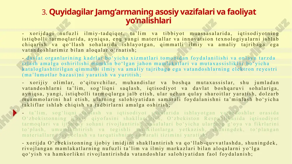 or hisoblangan sohalar bo‘yicha yetakchi xalqaro tashkilotlarda, xorijiy davlatlar idora va tashkilotlarida hamda yirik kompaniyalarda stajirovka o‘tashi uchun qo‘shimcha shart-sharoitlar yaratish ustida ishlanmoqda. o‘zbekiston respublikasi vazirlar mahkamasi huzuridagi mutaxassislarni xorijda tayyorlash va vatandoshlar bilan muloqot qilish bo‘yicha “el-yurt umidi” jamg‘armasining dasturlari bo‘yicha kadrlarni o‘qitishni tashkil etishni yanada takomillashtirish chora-tadbirlari to‘g‘risida o‘zbekiston respublikasi prezidentining qarori, 04.01.2019 yildagi pq-4091-son 9 xorijdagi yetakchi universitetlar, ilmiy markazlar va boshqa tashkilotlarda kadrlarni tayyorlash, malakasini oshirish va stajirovkadan o‘tkazish tizimini yanada takomillashtirish, ijtimoiy soha, davlat boshqaruvi va iqtisodiyotning ustuvor tarmoqlarining yuqori malakali mutaxassislarga bo‘lgan o‘sib borayotgan ehtiyojlarini qondirish uchun zarur shart-sharoitlarni yaratish, shuningdek, o‘zbekiston respublikasi vazirlar mahkamasi huzuridagi mutaxassislarni xorijda tayyorlash va vatandoshlar bilan muloqot qilish bo‘yicha “el-yurt umidi” jamg‘armasi (keyingi o‘rinlarda — jamg‘arma) faoliyatini samarali tashkil etish maqsadida. - xalqaro tan olingan tashkilotlar reytingiga ko‘ra jahondagi eng yaxshi 300 talik yoki tanlangan fan yo‘nalishi bo‘yicha eng yaxshi 100 talik ro‘yxatiga kirgan xorijiy ta’lim muassasalari va …