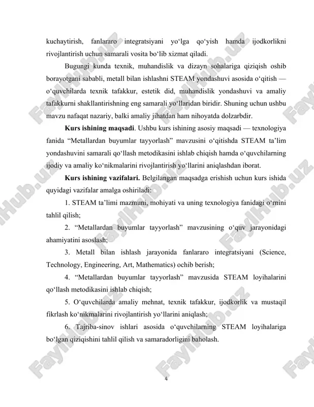 s ishining amaliy ahamiyati. tadqiqot natijalari o‘qituvchilarga texnologiya fanini zamonaviy pedagogik yondashuvlar asosida tashkil etish, steam loyihalarini amaliy mashg‘ulotlarga tatbiq etish imkonini beradi. ushbu ishda ishlab chiqilgan metodik tavsiyalar, dars ishlanmalari va loyiha namunalarini texnologiya fanining amaliy darslarida, to‘garaklarda hamda kasbga yo‘naltirish mashg‘ulotlarida samarali qo‘llash mumkin. shuningdek, bu natijalar o‘quvchilarda kasbiy yo‘nalish, mehnatsevarlik, mustaqil ijodiy faoliyat va innovatsion fikrlashni shakllantirishga yordam beradi. kurs ishining o‘rganilganlik darajasi. texnologiya fanini o‘qitishda innovatsion metodlardan foydalanish, xususan, steam ta’limini joriy etish bo‘yicha o‘zbekiston respublikasi hamda xorijiy olimlar tomonidan bir qator ilmiy tadqiqotlar olib borilgan. ular orasida y. abdullayeva, s. to‘rayev, m. hasanov, n. jo‘rayev, t. karimov, sh. yusupova kabi mahalliy pedagog olimlarning texnologik ta’lim va mehnat tarbiyasi bo‘yicha ilmiy ishlari muhim o‘rin tutadi. xalqaro miqyosda esa john dewey, seymour papert, herbert simon, r. bybee, georgette yakman kabi olimlarning steam ta’lim konsepsiyasiga oid ishlari tadqiqotning nazariy asosini tashkil etadi. shunga qaramay, texnologiya fanining “metallardan buyumlar …