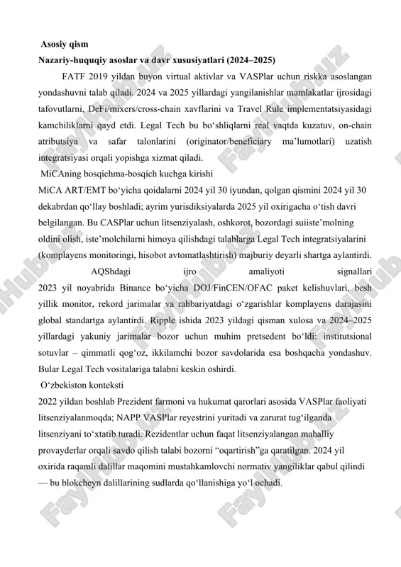 linishi, fatf travel rule majburiyati – hisobga olingan. asosiy qism nazariy-huquqiy asoslar va davr xususiyatlari (2024–2025) fatf 2019 yildan buyon virtual aktivlar va vasplar uchun riskka asoslangan yondashuvni talab qiladi. 2024 va 2025 yillardagi yangilanishlar mamlakatlar ijrosidagi tafovutlarni, defi/mixers/cross-chain xavflarini va travel rule implementatsiyasidagi kamchiliklarni qayd etdi. legal tech bu bo‘shliqlarni real vaqtda kuzatuv, on-chain atributsiya va safar talonlarini (originator/beneficiary ma’lumotlari) uzatish integratsiyasi orqali yopishga xizmat qiladi. micaning bosqichma-bosqich kuchga kirishi mica art/emt bo‘yicha qoidalarni 2024 yil 30 iyundan, qolgan qismini 2024 yil 30 dekabrdan qo‘llay boshladi; ayrim yurisdiksiyalarda 2025 yil oxirigacha o‘tish davri belgilangan. bu casplar uchun litsenziyalash, oshkorot, bozordagi suiiste’molning oldini olish, iste’molchilarni himoya qilishdagi talablarga legal tech integratsiyalarini (komplayens monitoringi, hisobot avtomatlashtirish) majburiy deyarli shartga aylantirdi. aqshdagi ijro amaliyoti signallari 2023 yil noyabrida binance bo‘yicha doj/fincen/ofac paket kelishuvlari, besh yillik monitor, rekord jarimalar va rahbariyatdagi o‘zgarishlar komplayens darajasini global standartga aylantirdi. ripple ishida 2023 yildagi qisman xulosa …