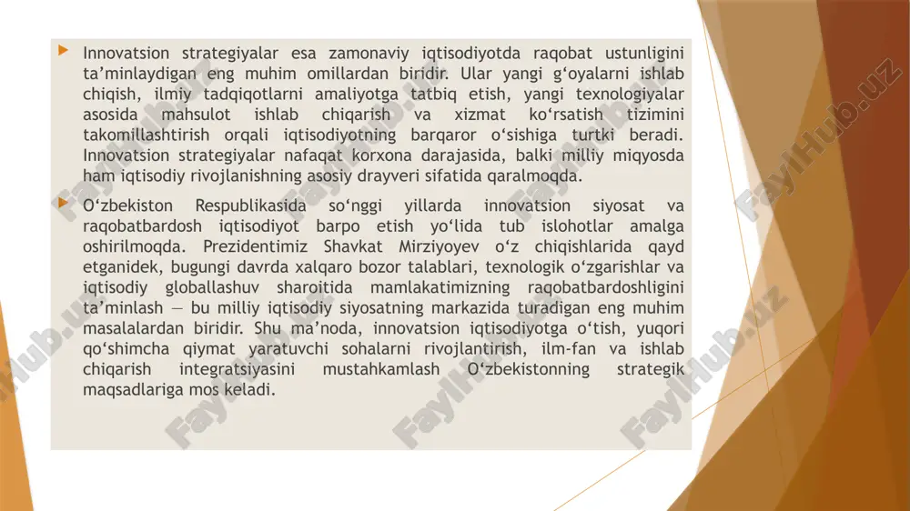 etishga turtki beradi. raqobatbardoshlikning muhim mezonlaridan biri bu mahsulot yoki xizmatning sifatidir. sifat nafaqat ishlab chiqarish texnologiyasiga, balki innovatsion yondashuvlarga ham bog‘liq. zamonaviy iqtisodiyotda sifat va innovatsiya bir-biridan ajralmas tushunchalardir. innovatsion mahsulot ishlab chiqaruvchi korxonalar bozorda ustunlikka ega bo‘ladi, chunki ular iste’molchilarning o‘zgaruvchan ehtiyojlariga tezda javob bera oladi. raqobatbardoshlikni ta’minlashda inson kapitalining o‘rni ham alohida e’tiborga molikdir. inson kapitali – bu bilim, ko‘nikma, malaka va kasbiy tajriba yig‘indisi bo‘lib, u korxonaning eng muhim strategik resursi sanaladi. innovatsion rivojlanish inson kapitalining sifatiga bevosita bog‘liq, chunki yangi g‘oyalar, texnologiyalar va boshqaruv usullarini aynan inson omili yaratadi. shu sababli, raqobatbardosh iqtisodiyotga erishish uchun ta’lim tizimini modernizatsiya qilish, yoshlarni ijodkorlikka va tahliliy fikrlashga o‘rgatish zarur. raqobatbardoshlikning yana bir muhim tarkibiy qismi bu texnologik rivojlanishdir. ilm-fan yutuqlari asosida ishlab chiqilgan yangi texnologiyalar ishlab chiqarish samaradorligini oshiradi, energiya tejamkorligini ta’minlaydi, chiqindilarni kamaytiradi va mahsulot tannarxini pasaytiradi. shu sababli, rivojlangan davlatlar innovatsion texnologiyalarni iqtisodiy raqobatning eng muhim …