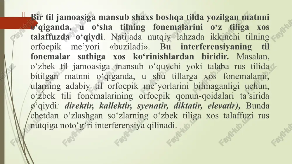 ri so‘zlar o‘z tilda kelishiklar bilan turlanganda, kelishik shakllariga v, s, k, pod, za va h.k. predloglar «hamrohlik» qiladi. interferensiya, funksional amali doirasiga ko‘ra ham, uch xil bo‘ladi: 1) har xil etnik jamoalarga xos mustaqil tillar doirasida vujudga keladi (masalan, o‘zbek va tojik yoki o‘zbek va rus tillari doirasidagi interferensiya); 2) bir tilga qarashli lahja va shevalar doirasida vujudga keladi. interferensiyaning bu xususiyati adabiy til va uning rivojlanishi uchun muhim emas. u til fanining dialektologiya tarmog‘iga aloqador ijtimoiy-lisoniy hodisa hisoblanadi. 3) adabiy til bilan uning mahalliy lahja yoki shevalari doirasida vujudga keladi. o‘zbek tilida ruscha «ostanovka», «ikra»so‘zlari o‘rniga shevalardan «bekat», «uvildiriq»so‘zlarining olinganligi bunga misol bo‘ladi. interferensiya tor ma’noda «har xil etnik jamoaga qarashli mustaqil tillardan birining boshqasiga ta’siri tufayli sodir bo‘luvchi lisoniy o‘zgarish»ni bildiradi. bu atama keng ma’noda «adabiy tilning ta’siri tufayli uning lahja yoki shevalarida paydo bo‘lgan o‘zgarish» hamda «bir til doirasidagi lahja yoki sheva ta’sirida shu tilning boshqa …
