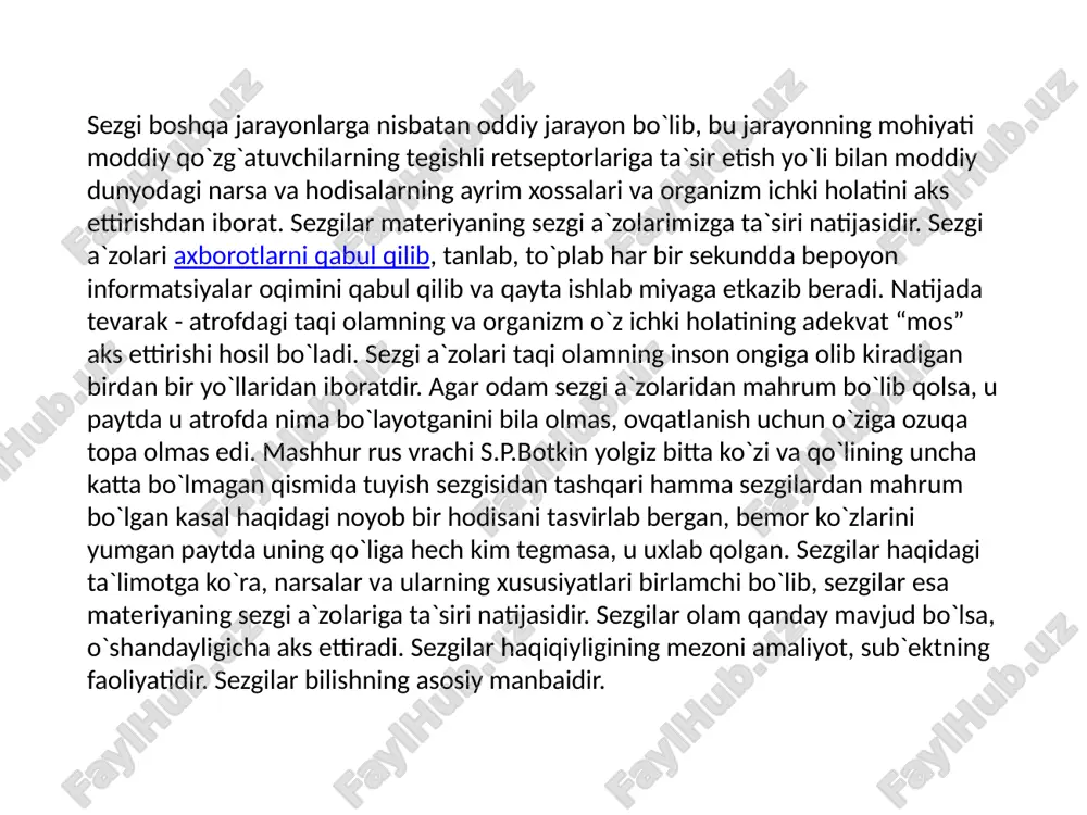 adi. masalan: qisqa muddatli sezgiga erga tushib ketgan qqalamning tovushi, lip etib chaq nagan uchqunni sezish. kunduzgi yorug`likni sezish, zavoddan yangrayotgan gudok ovozini eshitish uzoq muddatli sezgilardir. sezgilar o`zlariga adekvat (mos) bo`lgan qo`zg`atuvchilarning aks ettirish shakllaridan iborat. sezgilarning umumiy xususiyatlariga sifati, jadalligi, davomati va fazoviy joylanishi kiradi. sezgilarning asosiy xususiyatlari sifat bo`lib, uni boshqa sezgi turlaridan ajratadi. masalan: eshitish sezgilari tovushning balandligi, qattiqligi bilan, ko`rish sezgilari ranglarning quyuqligi, toni bilan farqlanadi. bilinar - bilinmas sezgi hosil qiluvchi qo`zg`atuvchining minimal kuchi sezgirlikning quyi chegarasi deyiladi. sezgilarning quyi chegarasi analizatorning absolyut sezgirligi darajasini aniqlaydi. masalan: 1 gramm qandni bir piyola choydagi mazasi uncha sezilmaydi, 0,1 sm qog`ozni qo`lni kaftiga qo`yilsa uning og`irligi sezilmaydi. sezgi chegarasining me`yori qanchalik kichik bo`lsa, mazkur analizatorning sezgirligi shunchalik yuksak bo`ladi. sensibilizatsiya ikki tomonlama bo`ladi:1) adaptatsiyada sezgirlik oshadi yo kamayadi, sensibilizitsiyada esa faqat oshadi. 2) adaptatsiyada sezgirlikning o`zgarishi tashqi sharoitlarga bog`liq bo`lsa, sensibilizatsiyada psixologik, fiziologik holatlarga bog`liq bo`ladi. …