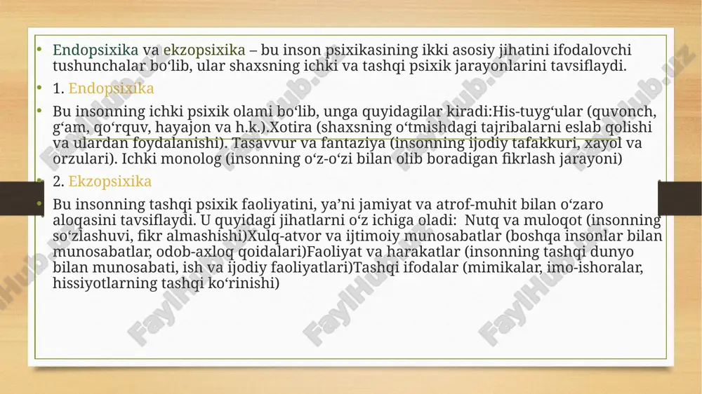 i ta’kidlaydi. freyd shaxsni uch tarkibiy qismga ajratgan: id – inson tug‘ma instinktlarining manbai bo‘lib, zavq tamoyili asosida ishlaydi. ego – ongli qism bo‘lib, haqiqat tamoyiliga asoslanadi va id istaklarini nazorat qiladi. superego – ijtimoiy qadriyatlar va axloqiy normalarni o‘z ichiga oladi, odamning ichki nazoratchisi bo‘lib xizmat qiladi. bu uch qism o‘zaro muvozanatda bo‘lishi kerak, aks holda shaxsiy muammolar va psixologik konfliktlar yuzaga keladi zamonaviy psixologiyada “normada” shakllangan himoya mexanizmlarining quyidagi xarakteristikasi ajratib koʻrsatiladi: -himoya adekvatliligi(odam ongsiz himoyalangan vaziyatni ongli ravishda qayta muhokama qilishi); -himoyaning oʻzgaruvchanligi,qayishqoqligi(tazyiqli holatda turli himoya mexanizmlaridan oqilona foydalana olish); -himoyaning yetukligi(kattalarning proyeksiya,rad qilish,introyeksiya kabi sodda mexanizmlaridan koʻra intellektualizatsiya,ta’sir oʻtkazish,aralashtirib yuborishdan foydalanishni lozim topishi) psixoanaliz inson shaxsi taraqqiyotini quyidagi bosqichlarga boʻlib oʻrganadi: oral bosqich(0-18oygacha boʻlgan davr) anal bosqich(1-3yoshgacha boʻlgan davr) 3.fallistik bosqich(edip kompleksi) (3-6-yoshgacha boʻlgan davr) 4. genital bosqich-ilk oʻsmirlik davri va undan kattalar yoshini oʻz ichiga oladi. sotsiogenetik konsepsiya sotsiogenetik konsepsiya shaxs rivojlanishini asosan ijtimoiy muhit, …