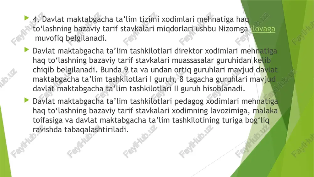 qituvchi-defektolog — 24 soat; ko‘p tarmoqli ixtisoslashtirilgan maktabgacha ta’lim tashkilotlarining tarbiyachisi, tarbiyachi-metodisti — 25 soat; tarbiyachi, tarbiyachi-metodist — 36 soat; ko‘p tarmoqli ixtisoslashtirilgan maktabgacha ta’lim tashkilotlarining yordamchi tarbiyachisi — 36 soat; jismoniy tarbiya yo‘riqchisi — 30 soat; musiqa xodimi, xoreograf — 24 soat. 13. yillik ish rejasi har bir pedagog xodim uchun yakka tartibda belgilanadi va kengaytirilgan pedagogik kengashda muhokama qilingandan keyin davlat maktabgacha ta’lim tashkiloti direktori tomonidan tasdiqlanadi.ish rejalarining bajarilishini nazorat qilish davlat maktabgacha ta’lim tashkiloti direktori tomonidan amalga oshiriladi 14. davlat maktabgacha ta’lim tashkilotida pedagog xodimlarning haftalik ish yuklamasi ishning ushbu turi bo‘yicha ish vaqti normal davom etishining 1,5 baravaridan ortiq bo‘lmasligi lozim. 15. davlat maktabgacha ta’lim tashkilotining har bir xodimi ish rejasi bajarilishi to‘g‘risida pedagogik kengashda yarim yilda kamida bir marta hisobot beradi. 16. mazkur nizom talablari buzilishida aybdor bo‘lgan shaxslar qonunchilikda belgilangan tartibda javob beradilar. /docprops/thumbnail.jpeg
