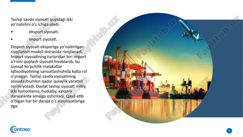 ib keladi; •importga belgilangan tariflar eksport hajmining qisqarishiga ta’sir qiladi; •tariflarning belgilanishi mamlakatdagi ishsizlik darajasining oshishiga sabab bo‘ladi. iqtisodiyotga ijobiy ta’siri quyidagicha bo‘ladi: iqtisodiyotga salbiy ta’siri quyidagilarda bo‘ladi. 10 e`tiboringiz uchun raxmat! 11 image2.png image9.png image1.png image10.png image11.jpg image12.jpg image13.jpeg image14.png image15.svg image16.png image17.svg image18.png image19.svg image20.png image21.svg image22.jpg image23.jpeg image7.png image8.png image24.jpeg .msftofcthm_background1_fill { fill:#ffffff; } .msftofcthm_background1_fill { fill:#ffffff; } .msftofcthm_background1_fill { fill:#ffffff; } .msftofcthm_background1_fill { fill:#ffffff; }