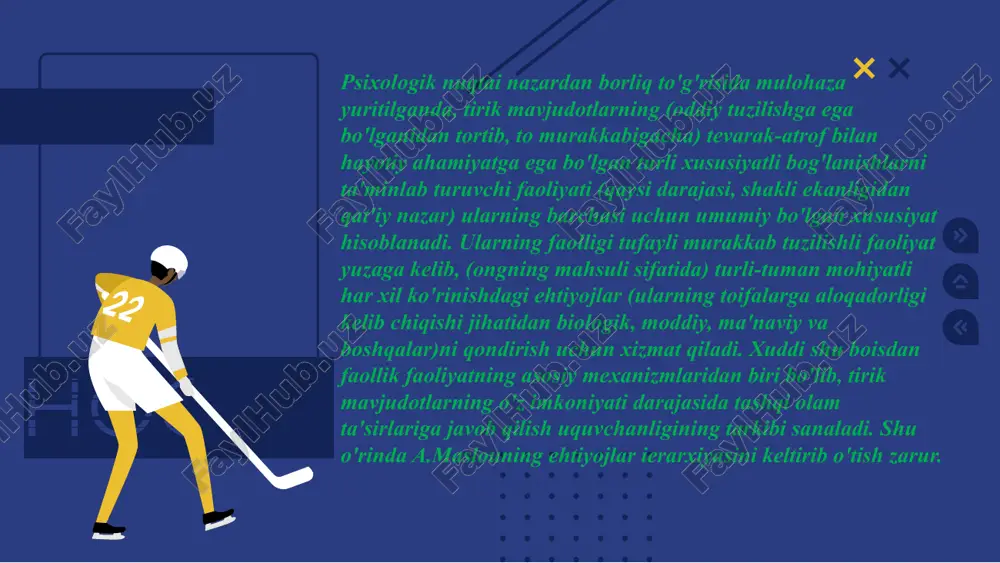 ilar kiradi. tabiiy ehtiyojlar uzoq vaqt davomida qondirilmasa, uning oqibatida inson halokatga mahkum bo’ladi, o’z sulolasi hayoti va faoliyatini xavf ostida qoldiradi. inson faoliyatining faolligi insoniyat madaniyati mahsuli bilan bog’liqligini ifodalab, madaniy ehtiyojlarni yuzaga keltiradi. madaniy ehtiyojlar to’g’risida mulohaza yuritilganda uning ijtimoiy ildizlari kishilik tarixining dastlabki manbalari bilan uzviy bog’lanib ketishini ta'kidlab o’tish lozim. lekin tabiiy ehtiyojlar madaniy ehtiyojlar bilan o’zaro uyg’unlashgan bo’lib, birinchisi ikkinchisini taqozo etadi. chunki ular bir-birining negizidan kelib chiqadi. xuddi shu boisdan madaniy ehtiyojlar ob'ektiga tabiiy ehtiyojlarini qondiruvchi uy-ro’zg’or buyumlari, mehnat faoliyati orqali boshqa kishilar bilan boqlanish vositalari, madaniy aloqalar o’rnatish usullari, shaxslararo muomalaga kirishish uslublari, ijtimoiy turmush zaruriyatiga aylangan narsalar, o’qish va tajriba orttirish yo’llari kiradi. psixologiya fanida ehtiyojlar o’z predmetining xususiyatiga ko’ra moddiy va ma'naviy turlarga ajratiladi, ularni keltirib chiqaruvchi mexanizmlar manbai turlicha ekanligi e'tirof etiladi. insonning ovqatlanishi, kiyinishi, uy-joyga ega bo’lishi, maishiy turmush ashyolariga intilishi, komfort hissini qondirish bilan bog’liq madaniyat predmetlariga nisbatan …