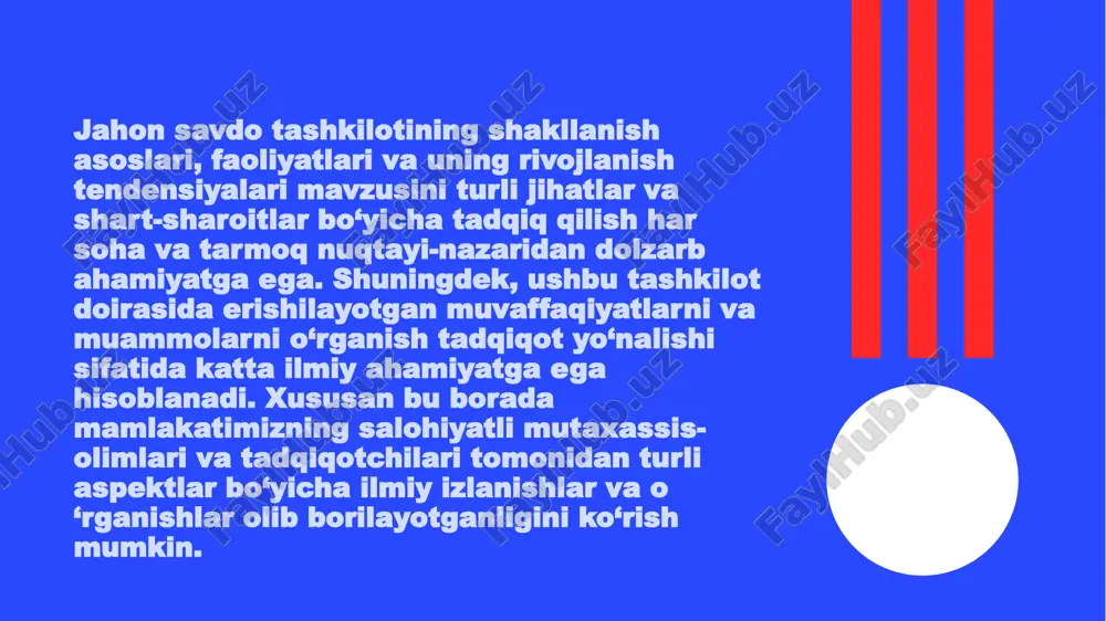 ʻri xorjiy investitsiyalardagi ulushining oʻsish tendentsiyasi kuzatilgan boʻlsa-da, rivojlangan mamlakatlarning bu boradagi ulushida davriy ravishda jiddiy oʻsish emas, balki, pasayish tendensiyasi kuzatilmoqda. 10 jstning tashkil etilishi bilan importga nisbatan joriy etilgan tarif stavkalarining pasayishi kuzatildi. yana bir e’tiborga molik masala, bu, so‘nggi yillarda nafaqat mintaqaviy savdo bitimlari soni ko‘paydi, balki ularning qamrovi ham kengaydi va yaxshilandi. global iqtisodiyotda kun tartibi va savdo siyosatining o'zgarishi bilan mintaqaviy yoki ikki tomonlama kelishuvlar qoidalari kengayib, sarmoya, intellektual mulk huquqlari, raqobat va atrof-muhit, shuningdek, tariflarni pasaytirish kabi mavzularni qamrab olmoqda. 11 jstga a`zo bo`lishning ijobiy jihatlari: 1. iqtisodiy manfaat eng avvalo o‘zaro mahsulot ayriboshlash yo‘lidagi to‘siqlarni olib tashlashga sharoit yaratadi; 2. mamlakatdagi ijtimoiy va siyosiy vaziyatga iqtisodiy nizolar tinch yo‘l bilan hal etilishi evaziga ijobiy ta’sir qiladi; 3. aholi turmush darajasini yaxshilanishiga turtki beradi, insonlarga sifatli mahsulot iste’mol qilish imkonini yaratadi; 4. liberal savdo mamlakat va alohida vatandoshlarning daromadlarini oshiradi; 5. mehnat bandligi sohasida …