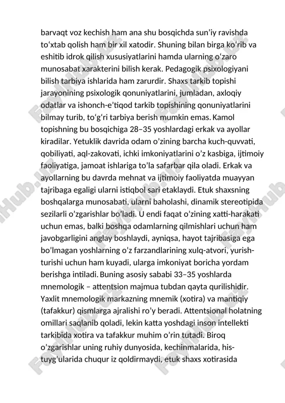 smlarga ajralishi ro’y beradi. attentsional holatning omillari saqlanib qoladi, lekin katta yoshdagi inson intellekti tarkibida xotira va tafakkur muhim o’rin tutadi. biroq o’zgarishlar uning ruhiy dunyosida, kechinmalarida, his-tuyg’ularida chuqur iz qoldirmaydi, etuk shaxs xotirasida illyuzion xususiyatga ega bo’lgan tasavvur obrazlari (yoshlik tuyg’usi, kayfiyati, orzusi, xom xayoli) saqlanib qolaveradi. buning asosiy sababi 33–35 yoshlarda mnemologik – attentsion majmua tubdan qayta qurilishidir. yaxlit mnemologik markazning mnemik (xotira) va mantiqiy (tafakkur) qismlarga ajralishi ro’y beradi. attentsional holatning omillari saqlanib qoladi, lekin katta yoshdagi inson intellekti tarkibida xotira va tafakkur muhim o’rin tutadi. biroq o’zgarishlar uning ruhiy dunyosida, kechinmalarida, his-tuyg’ularida chuqur iz qoldirmaydi, etuk shaxs xotirasida illyuzion xususiyatga ega bo’lgan tasavvur obrazlari (yoshlik tuyg’usi, kayfiyati, orzusi, xom xayoli) saqlanib qolaveradi. yetuklik davridagi erkak va ayollarning o’zligini anglashdagi «men» uch xil ko’rinishdan ifodalanadi: «men» ko’pincha «men-obraz» shaklida o’zi tomonidan talqin qilinadi. shaxsning«men-obrazi» 1.retrospektiv «men» dan iborat bo’lib, o’tmishdagi o’zligini aks ettiradi; 2.aktual «men» sifatida tasavvur …