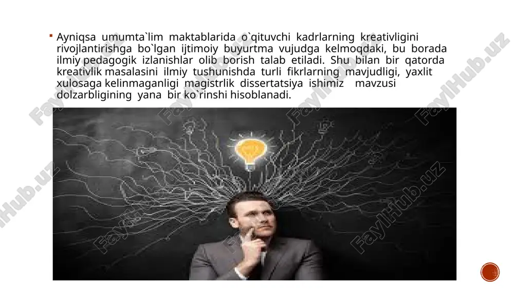 bekiston respublikasining ta`lim sohasidagi taraqqiyot yo`li hisoblanib, uning uzluksizligini ta`minlash davlat siyosatining ustuvor yo`nalishlaridan biridir.ushbu uzluksiz tizim mazmuni va mohiyatiga muvofiq har bir yosh avlod o`z vaqtini bekor o`tkazmasdan, bilim, taraqqiyot sari intilishi talab etiladi. xxi asr axborotlar oqimi davrida ijtimoiy hayotimizning barcha jabxalariga, shujumladan ta`lim-tarbiya sohasiga ham ko`plagan yangiliklar kirib kelmoqda. ushbu yangiliklar bilan bir qatorda ularni yorituvchi yangi tushunchalar ham bizning ilmiy tilimizda qo`llanilishi kuzatilmoqda. jumladan pedagogika, ya`ni ta`lim-tarbiya sohasida keyingi 20-yil ichida qo`yidagi tushunchalar keng qo`llanilmoqda va bizning ilmiy tilimiz iste`molida keng ishlatiomoqda: - pedagogik texnologiya,- ilg`or texnologiya,- ilg`or tajribalar,- innovatsiya va innovatika,- pedagogik neologiya, praksiologiya, aksiologiya,- innovatsiya va innovator,- interaktivlik,- strategiyalar,- gumanistik pedagogika,- liberalizatsiya,- ta`limda axborot kommunikatsion texnologiyalar,- tarbiya jarayonida texnologiyalar,biz shular orasida «kreativlik» tushunchasiga alohida to`xtab o`tmoqchimiz. kreativlikning darajasini aniqlash qo`yidagilar bilan belgilanadi:- shaxsiy ma`noning rivojlanish darajasi; - verballi belgilar sistemasini yaratish. ta`lim olish kengligi ikkinchi semiotik tizimni tashkil etadi. uningkreativlikni rivojlantirishga ta`siri gomomorfizik madaniyat …