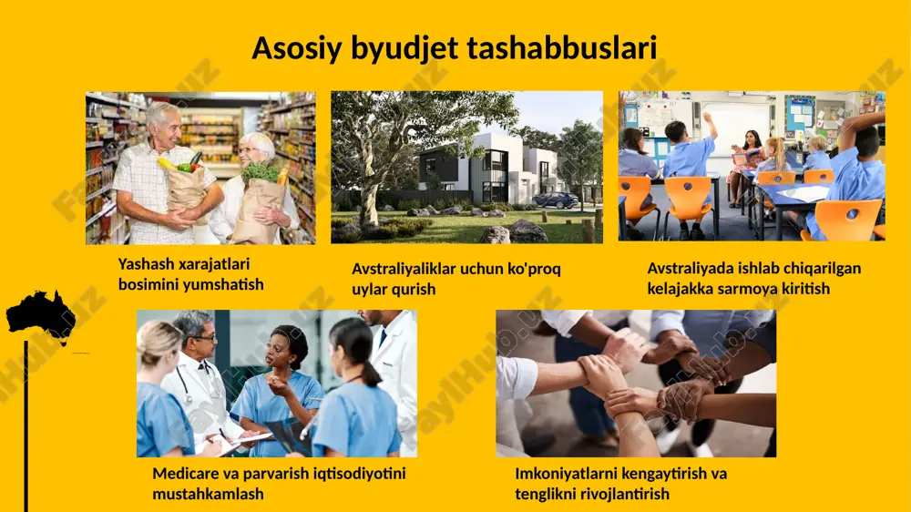 buslari yashash xarajatlari bosimini yumshatish avstraliyaliklar uchun ko'proq uylar qurish avstraliyada ishlab chiqarilgan kelajakka sarmoya kiritish medicare va parvarish iqtisodiyotini mustahkamlash imkoniyatlarni kengaytirish va tenglikni rivojlantirish omon qolgan jabrlanuvchilar uchun 925,2 mln hukumat tomonidan moliyalashtiriladigan pullik ota-ona ta'tilida pensiya to'lash uchun 1,1 milliard dollar avstraliya bir qarashda byudjet hukumatning moliyaviy va iqtisodiy boshqaruvi mas'uldir byudjetni har qanday yirik rivojlangan iqtisodiyotga qaraganda tezroq profitsit bilan qaytardi. 2022–23-yillarda 22,1 milliard dollarlik defitsitdan so‘ng, 2023–24 yillar uchun 9,3 milliard dollarlik profitsit prognoz qilinmoqda - bu deyarli yigirma yil ichida birinchi navbatdagi profitsit. bank soliq tushumlarini oshirish va 2023–24-yillarda profitsitni yo‘lga qo‘yish orqali hukumat inflyatsiya bosimini ushlab turish orqali pul-kredit siyosatini qo‘llab-quvvatlamoqda. ushbu byudjetda 2023-24 yillarda soliq yuksalishlarining 96 foizdan ortig'i qaytarilishi kutilmoqda. avstraliya e’tiboringiz uchun rahmat. image1.jpeg image2.png image3.png image4.png image5.png image6.png image8.png image7.png image10.jpeg image11.jpeg image12.jpeg image13.jpeg image9.jpeg 2165363937 /docprops/thumbnail.jpeg
