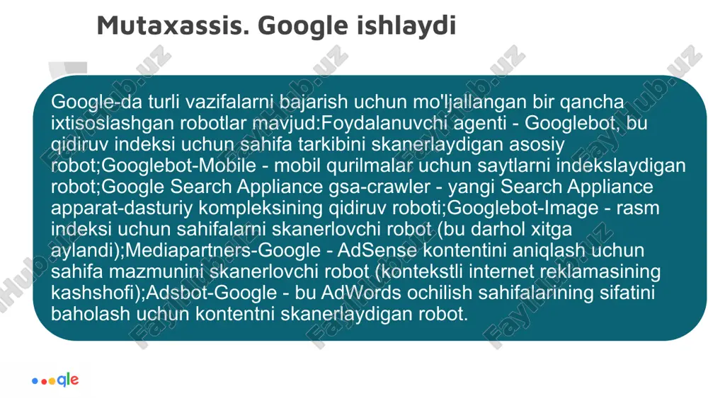 nda reklamalarni ko'rsating. adsenseveb-saytingizda reklama orqali pul ishlang. google analyticsveb-saytlaringiz va ilovalaringizdagi tashriflar, xaridlar va boshqa foydalanuvchi harakatlariga oid statistikani oling. google mening biznesimgoogle qidiruv va google xaritalarda biznesingizni ro'yxatlang. nihoyat endi siz google haqida hamma narsani bilasiz... ajoyib to'g'rimi? image1.gif image2.gif image3.gif image4.gif image5.png image13.png image6.png image7.png image8.png image9.png image10.png image11.png image12.png image14.gif image22.png image15.png image16.png image17.png image18.png image19.png image20.png image21.png image30.png image23.png image24.png image25.png image26.png image27.png image28.png image29.png image37.png image31.png image32.png image33.png image34.png image35.png image36.png image45.png image38.png image39.png image40.png image41.png image42.png image43.png image44.png image53.png image46.png image47.png image48.png image49.png image50.png image51.png image52.png image61.png image54.png image55.png image56.png image57.png image58.png image59.png image60.png image69.png image62.png image63.png image64.png image65.png image66.png image67.png image68.png image70.gif
