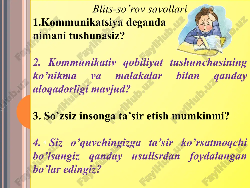 alakalar (ma’ru­zalar, suhbatlar, kamolot yoshlar uyushmalari) hosil bo‘ladi. 5. so‘z bilan og‘zaki ta’sir o‘tkazishda salbiy kayfiyatlarni yengish tajribasini shakllantiradigan va xushmuomalalikni rivojlantiradigan vazi­yatlar tizimini yaratish. 6. xushmuomalalikka milliy an’ana va urf-odatlarimiz, o‘zbekona mu­o­mala madaniyati, milliy ma’naviyatimiz nuqtai nazaridan yon­dashish. 7. o‘z ona tilida puxta, lo‘nda va jarangdor so‘zlar tuza olish va uni nut­qiy mahorat bilan ifodalash ta’lim muassasalarida o‘rganilayotgan har bir fan o‘qituvchisi uchun eng zarur kommunikativ qobiliyatlardan biri­dir. * o‘qituvchi kasbiy faoliyati davo­mida nutqidagi so‘z qudratini takomillashtirib boradi. u o‘zbek tilining boy imkoniyatlaridan unumli foydalanish orqali so‘z boyligini go‘zal, ravon, ifodali, ta’sirchan bo‘lishiga intiladi. zero, go‘zal va ta’sirchan so‘zlay bilish ham san’at. bu san’atdan bebahra bo‘lgan o‘qituvchining kasbiy mahorati shakllanmaydi. qaysi fanni o‘qitishdan qat’iy nazar, o‘qituvchining asosiy quroli so‘z boyligidir, u so‘z qudrati asosida kommunikativ qobiliyatini namoyish etadi. * e’tiboringiz uchun rahmat! *