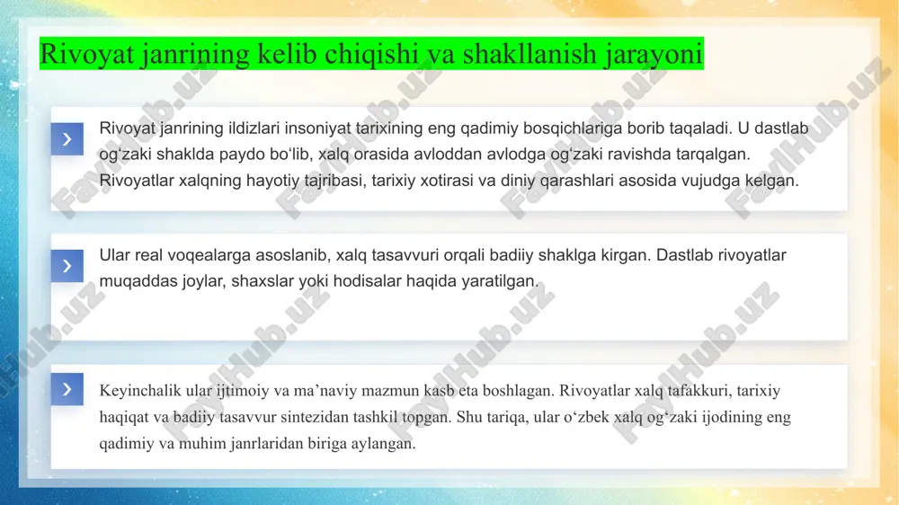 lik kuchli, rivoyat esa xalq ishonchi asosida yaratiladi. ertaklardan farqli o‘laroq, rivoyatda qahramonlik, sehr, yoki sehrgar kuchlar kam uchraydi, unda voqealar hayotiy, diniy yoki tarixiy ruhda tasvirlanadi. dostonlarda voqealar she’riy shaklda, keng epik ko‘lamda ifodalanadi, rivoyatlar esa nasriy, qisqa, lo‘nda bo‘ladi. masalan, “alpomish” doston rivoyatlar mavzusi odatda tarixiy voqealar, diniy e’tiqodlar yoki muqaddas joylar atrofida shakllanadi. afsonalarda mavzu ko‘proq tabiat hodisalari, ilohiy mavjudotlar yoki yaratilish sirlari bilan bog‘liq. ertaklarda esa axloqiy, sarguzasht va sehrli voqealar asosiy o‘rinni egallaydi. rivoyat mazmuni haqiqiy hayotga, xalq ishonchiga tayanadi, shu bilan birga, unda axloqiy-diniy g‘oyalar yotadi. ifoda usuli jihatidan rivoyat nasriy, og‘zaki va sodda tilda aytiladi. masalan, “zangiota” yoki “hazrati dovud g‘ori” rivoyatlarida diniy motivlar, xalq e’tiqodi va tarixiylik uyg‘unlashgan. rivoyatlarda sodda ifoda, to‘g‘ridan-to‘g‘ri bayon, xalqona uslub ustun bo‘ladi. shu bois u boshqa janrlarga nisbatan realistik va tarbiyaviy xarakter kasb etadi. rivoyatlar xalqning tarixiy xotirasi va madaniy o‘zligini saqlovchi eng qadimiy manbalardan biridir. ular …