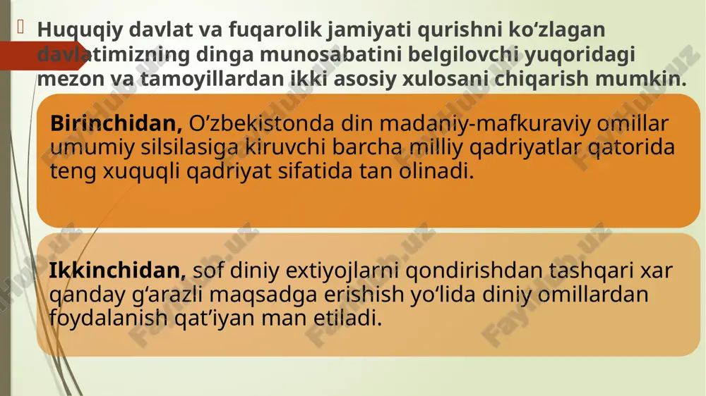 xozirgi zamonda bu g‘oya ezgulik yo‘lida nafaqat dindorlar, balki butun jamiyat a’zolarining xamkorligini nazarda tutadi, tinchlik va barqarorlikni mustaxkamlashning muxim sharti xisoblanadi. e`tiboringiz uchun raxmat image1.png image2.png image3.png image4.png /docprops/thumbnail.jpeg